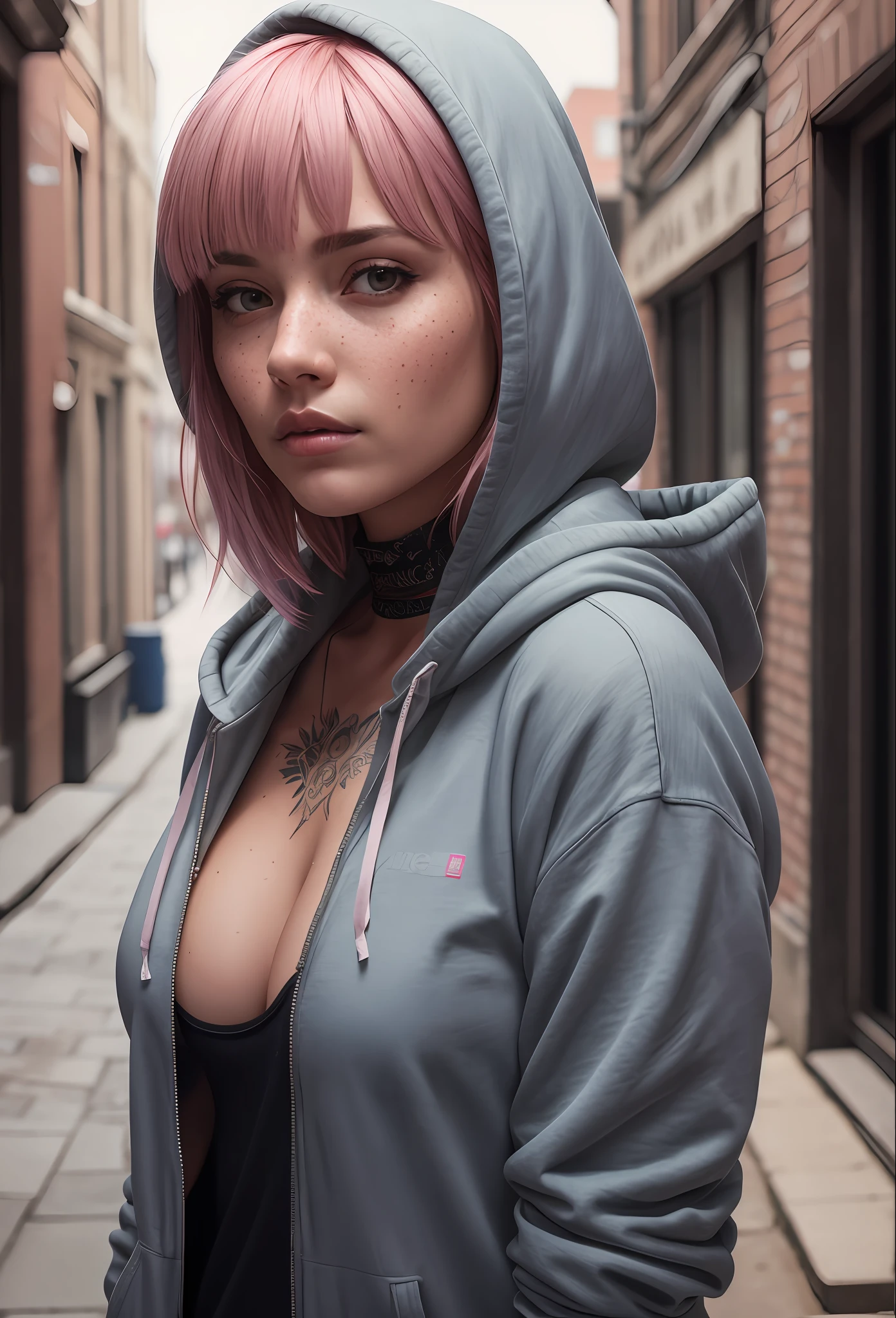 women, hoodie, portrait, asymmetrical bangs, bandaid, short hair, bangs, breasts, freckles, grey eyes, large breasts, looking at viewer, neck tattoo, nose piercing, pink hair, solo, tattoo on face, upper body, detailed background, town, alley,, photorealistic, photo, masterpiece, realistic, realism, photorealism, high contrast, photorealistic digital art trending on Artstation 8k HD high definition detailed realistic, detailed, skin texture, hyper detailed, realistic skin texture, armature, best quality, ultra high res, (photorealistic:1.4),, high resolution, detailed, raw photo, sharp re, by lee jeffries nikon d850 film stock photograph 4 kodak portra 400 camera f1.6 lens rich colors hyper realistic lifelike texture dramatic lighting unrealengine trending on artstation cinestill 800,