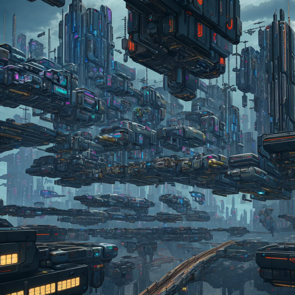 Futuristic Cityscape, ((Cyborg)), (Irregular Architecture), Mechanics, (Cyberpunk), (Levitation Train), Drones, Realistic Lighting, (Abyss) Masterpiece, High Quality, Beautiful Graphics, high detail,