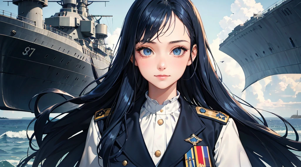 Modest outfit, remote shot, detailed beautiful delicate face, detailed beautiful delicate eyes, perfect facial proportions, high-definition skin, fine skin, four-inch best ratio. With one thumb, masterpiece, highly detailed, realistic, (WWII German naval general uniform reference : 1.8), highest facial resolution, 26 years old, modestly dressed woman, covertly dressed. ,( small, dark blue hair, long hair and super detailed bangs, dark blue eyes), futuristic, science fiction, warship, standing on a warship, government agency, hilarious personality, smiling face. ,war