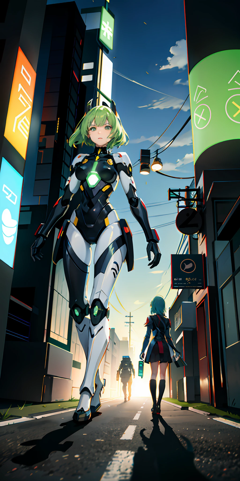 A mecha girl walks on the street, future city wallpaper, future city background, light particles, green fire