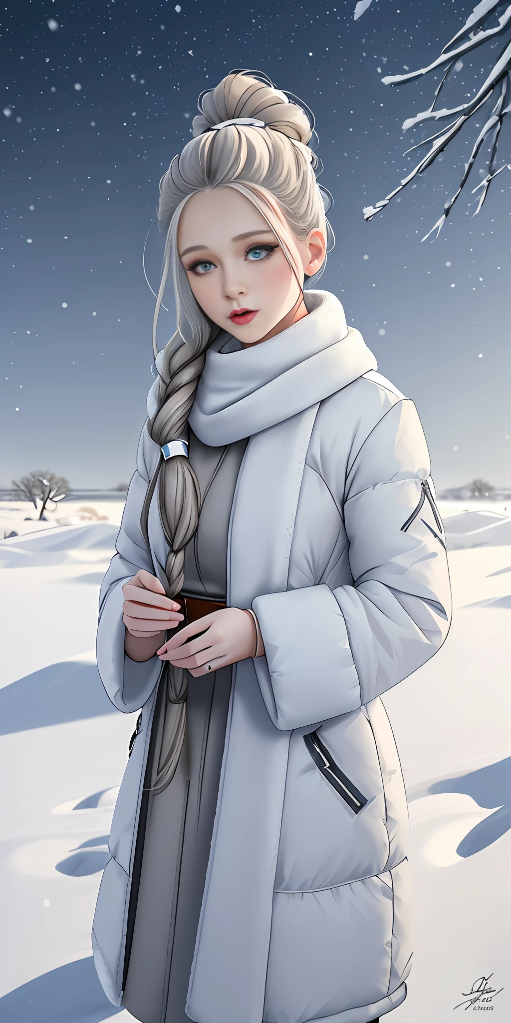 Maja Topčagić style award winning intrinsic detail photograph-painting hybrid high travel portrait style female supermodel winter outfit with stylized hair in a snow plain in a winter solstice color palette, hd, 8k