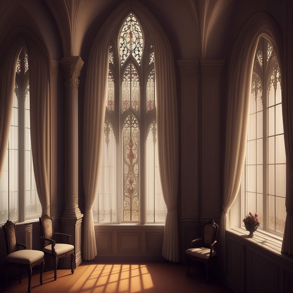 room, large windows, curtains, candles, gothic style, detailed, elegant, fantastic, magical, digital art, intricate, illustration