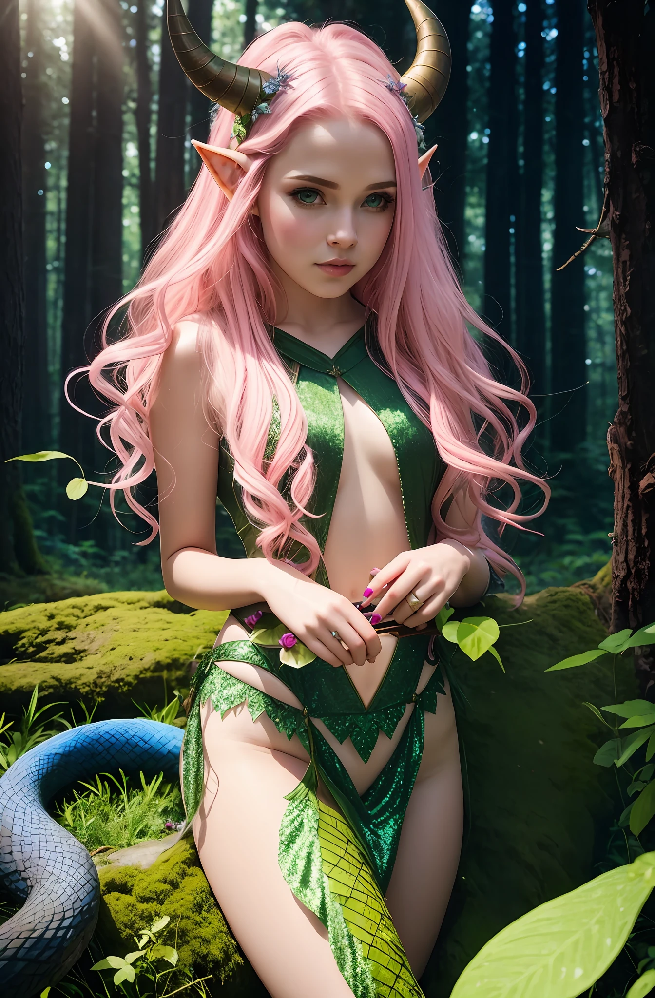 right fingers, with pink hair and horns sitting on a rock in the forest, fantasy photo shoot, elf princess, forest fairy, elf princess, very beautiful elf top model, beautiful elf princess, elf, alluring elf princess knight, goddess of the forest, glamorous cosplay, forest fairies, queen of the forest, cosplay anime girls