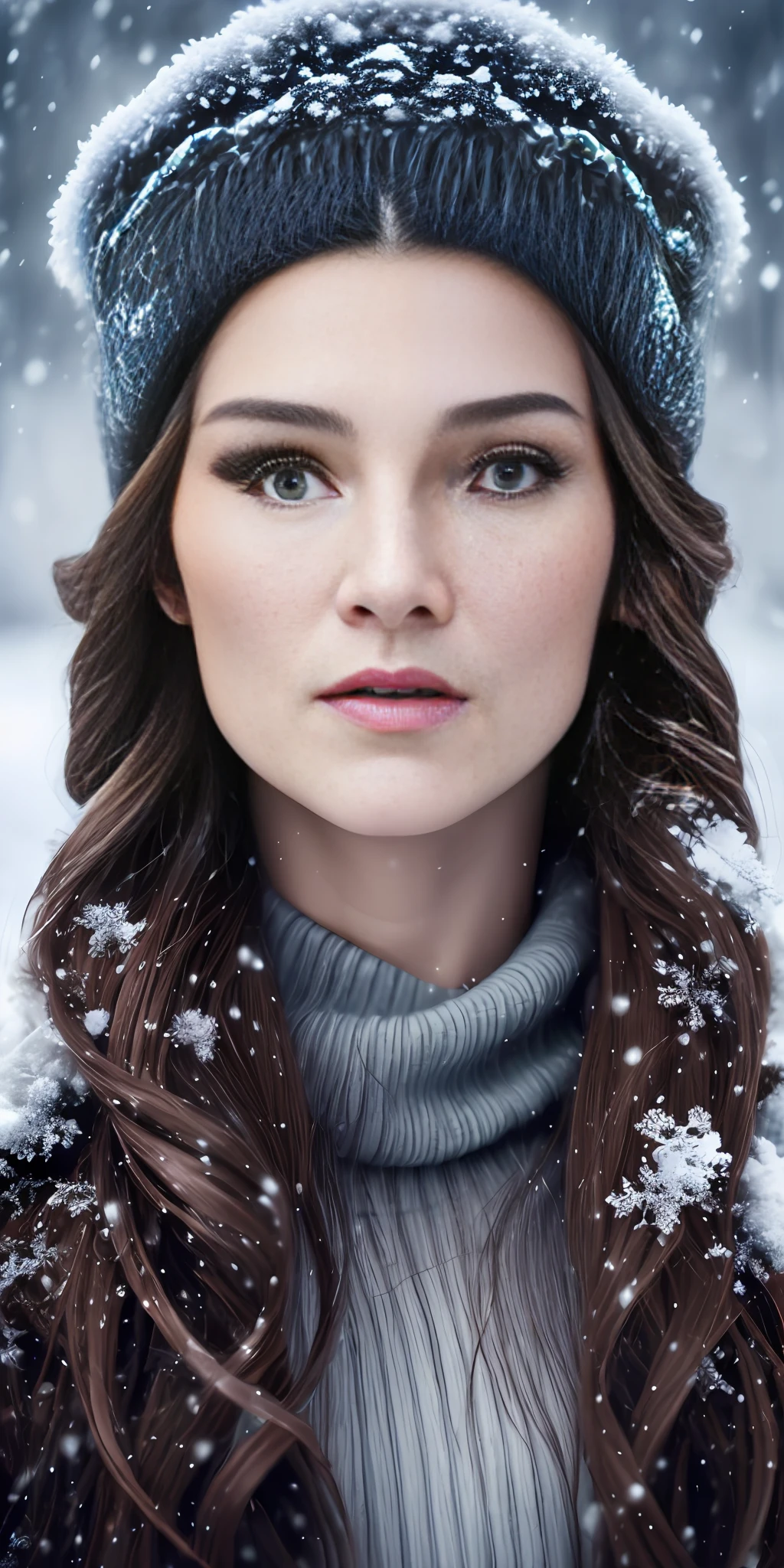Maja Topčagić style award winning intrinsic detail photograph-painting hybrid high travel portrait style female supermodel winter outfit with stylized hair in a snow plain in a winter solstice color palette, hd, 8k