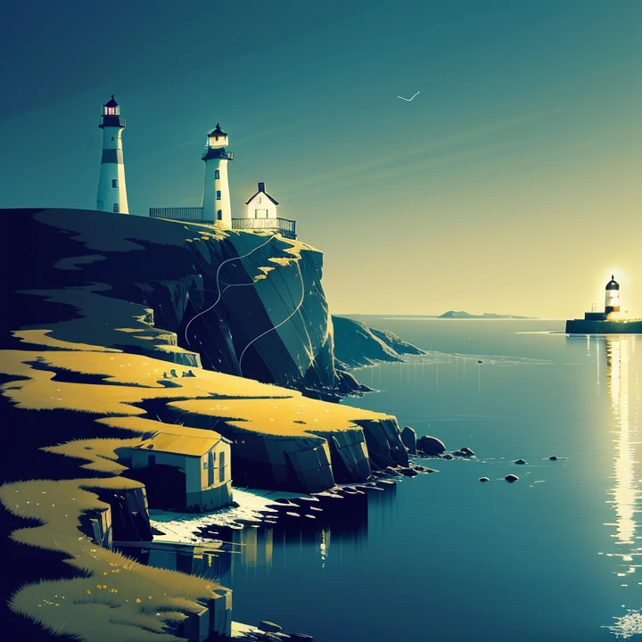 a quiet and calm and serene landscape scene with a lighthouse by pascal campion, ansel adams, ralph steadman, aaron horkey