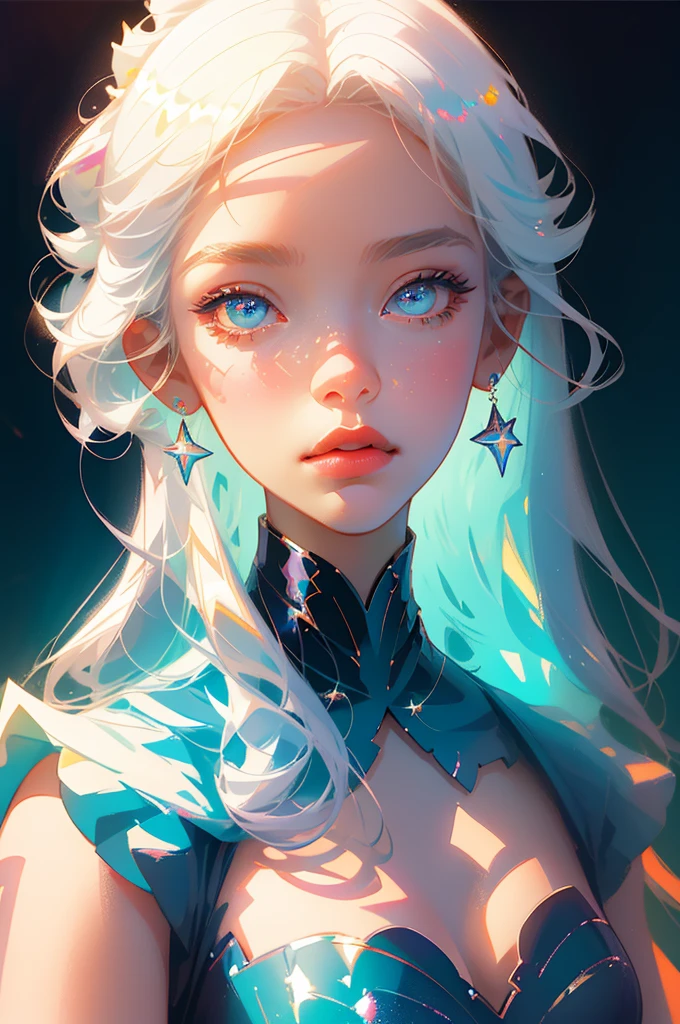 The perfect masterpiece,Highest quality,Perfect artwork,8K,
Upper Body Lens,(front portrait:1.5),Delicate face,Face Close-up,
Mermaid Girl,Bizarre glowing transparent eyes,Magical transparent eyes,Star Eyes,white hair,Holographic Phantom Background,
Digital Art,plane illustrations,colorful illustration,minimalist style,