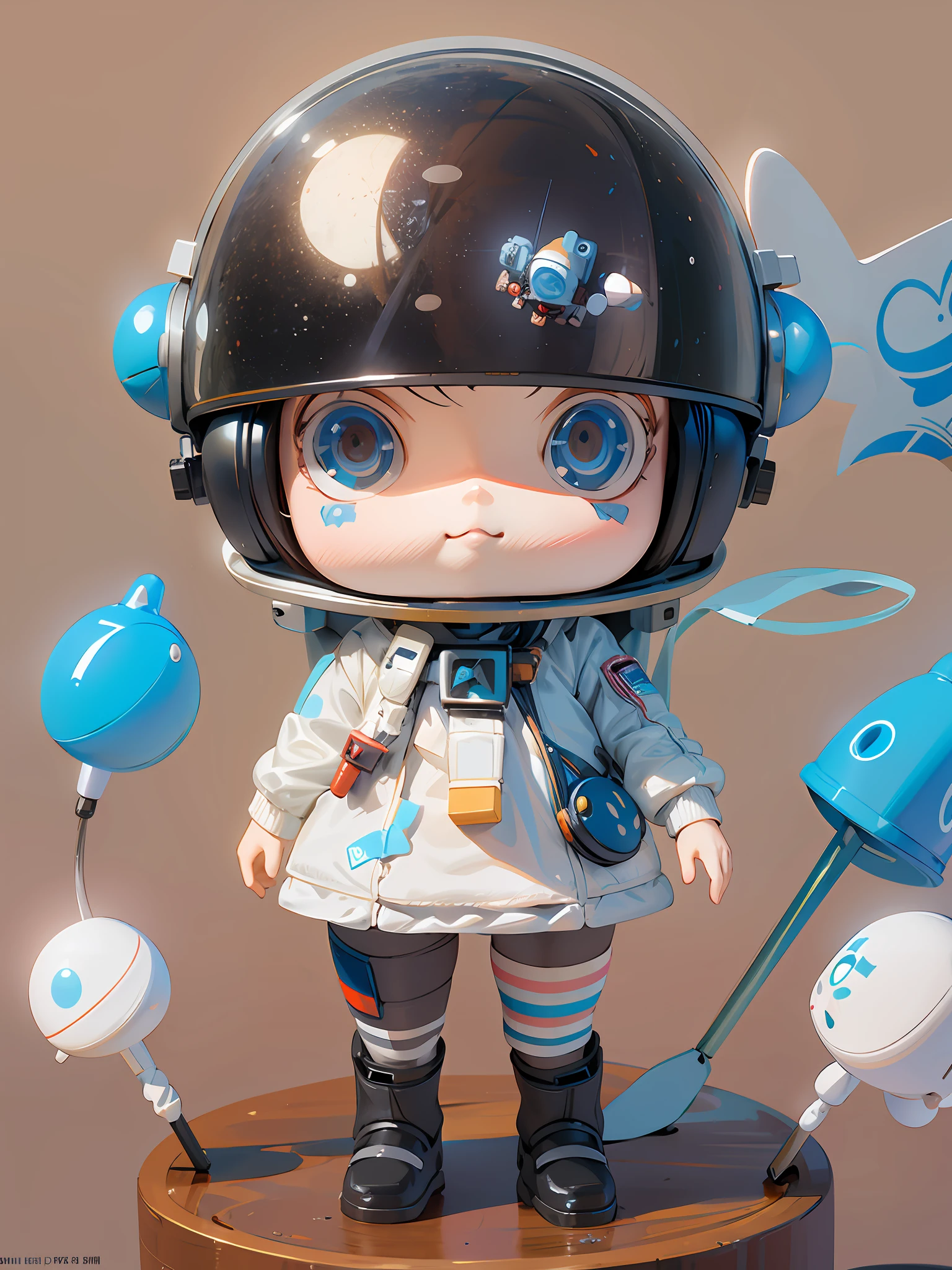 there is a small doll with a helmet and a helmet on, cute 3 d render, small astronaut looking up, portrait anime space cadet girl, render of a cute 3d anime girl, cute detailed digital art, female explorer mini cute girl, 3 d render stylized, 3 d render character art 8 k, adorable digital painting, anime styled 3d, super detailed render