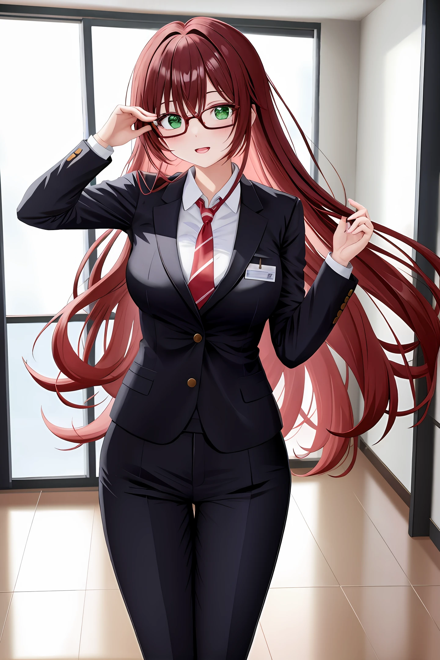 White redhead anime doll with green eyes dressed as a teacher with glasses in a suit and pants 2d