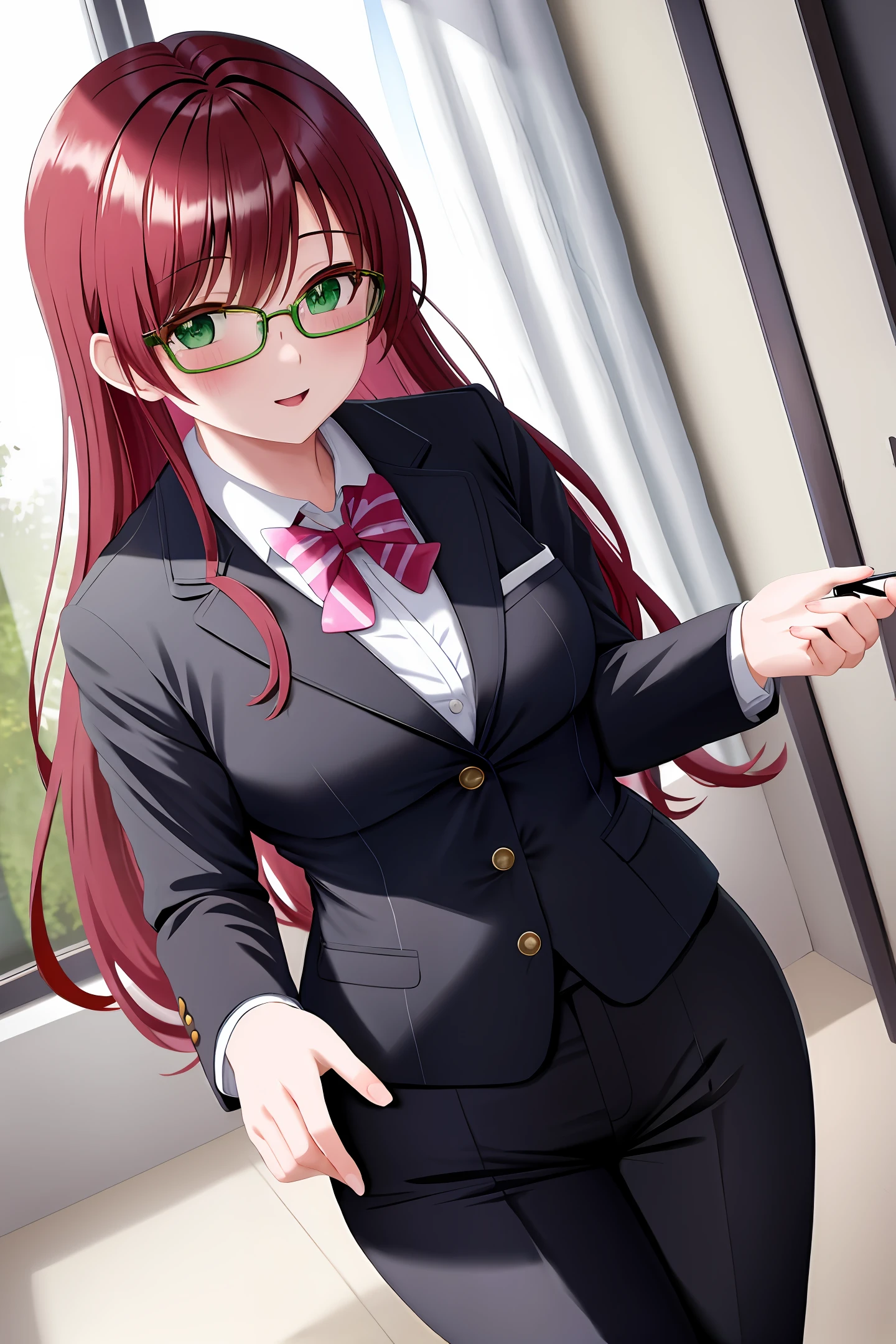 White redhead anime doll with green eyes dressed as a teacher with glasses in a suit and pants 2d