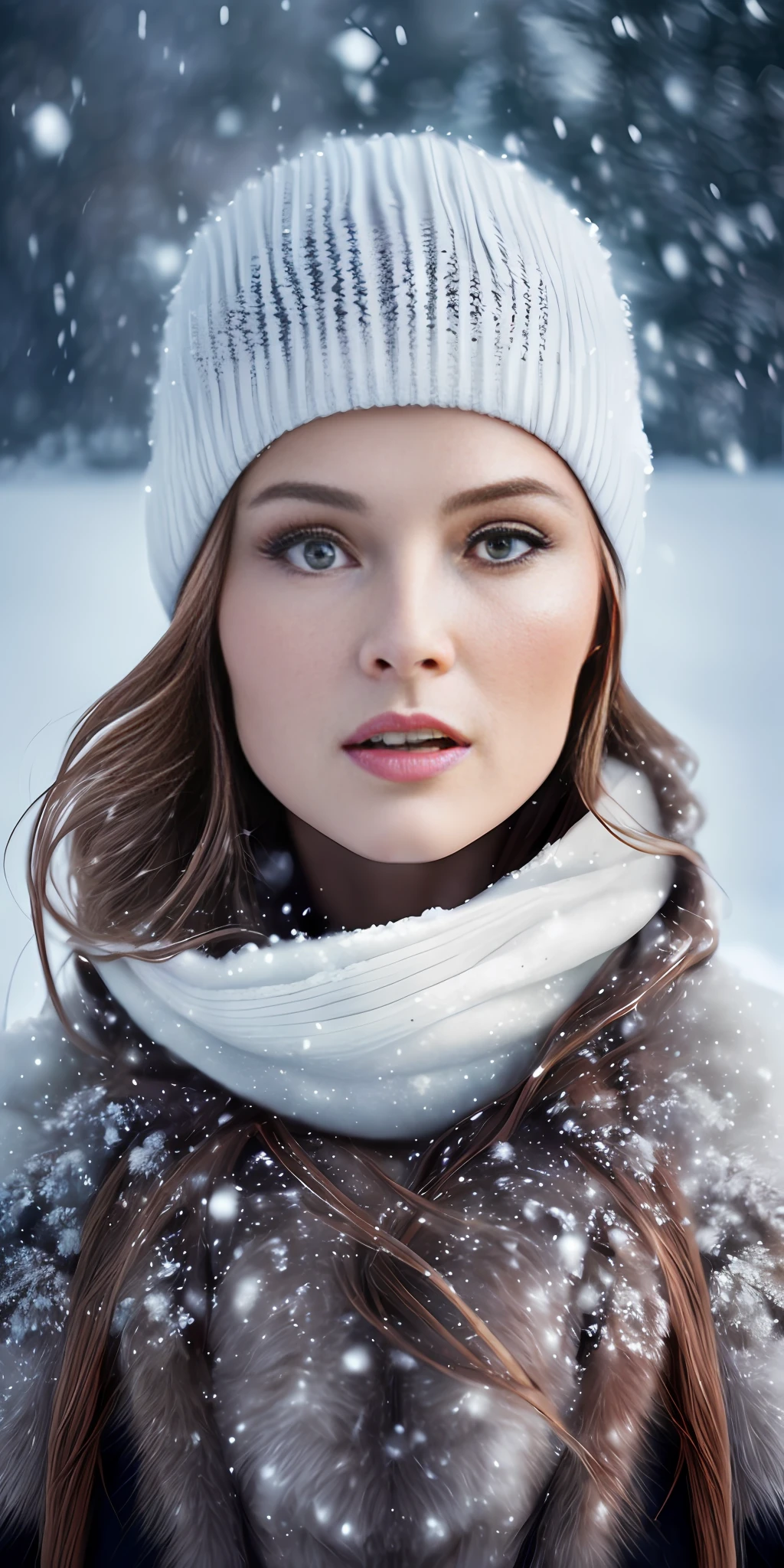Maja Topčagić style award winning intrinsic detail photograph-painting hybrid high travel portrait style female supermodel winter outfit with stylized hair in a snow plain in a winter solstice color palette, hd, 8k