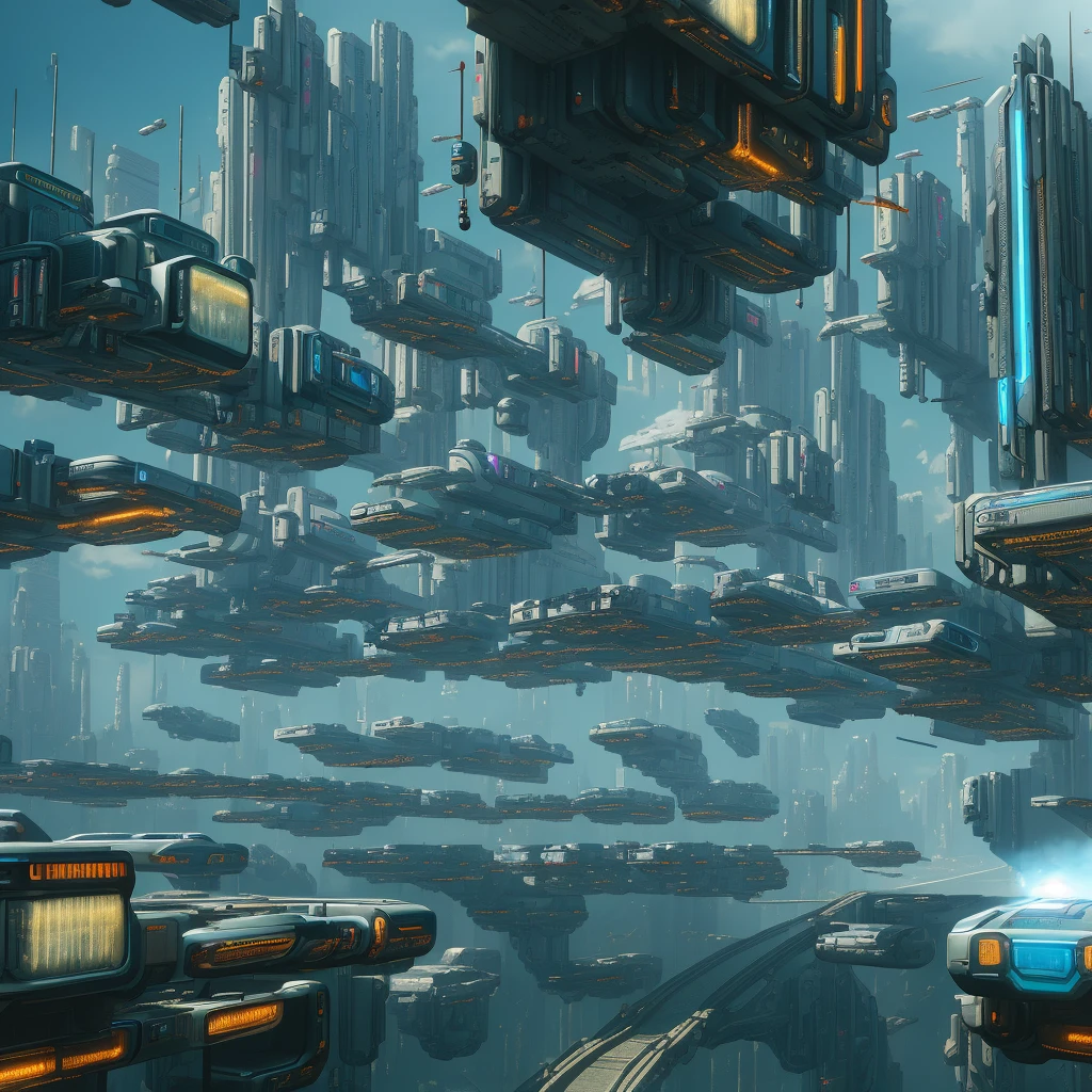 Futuristic Cityscape, ((Cyborg)), (Irregular Architecture), Mechanics, (Cyberpunk), (Levitation Train), Drones, Realistic Lighting, (Abyss) Masterpiece, High Quality, Beautiful Graphics, high detail,