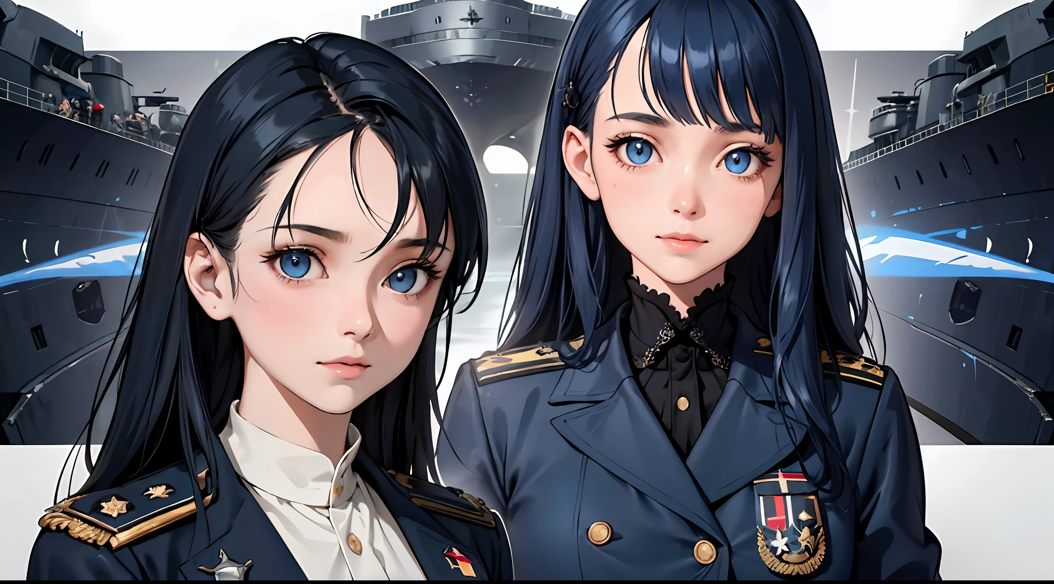 Modest outfit, remote shot, detailed beautiful delicate face, detailed beautiful delicate eyes, perfect facial proportions, high-definition skin, fine skin, four-inch best ratio. With one thumb, masterpiece, highly detailed, realistic, (WWII German naval general uniform reference : 1.8), highest facial resolution, 26 years old, modestly dressed woman, covertly dressed. ,( small, dark blue hair, long hair and super detailed bangs, dark blue eyes), futuristic, science fiction, warship, standing on a warship, government agency, hilarious personality, smiling face. ,war