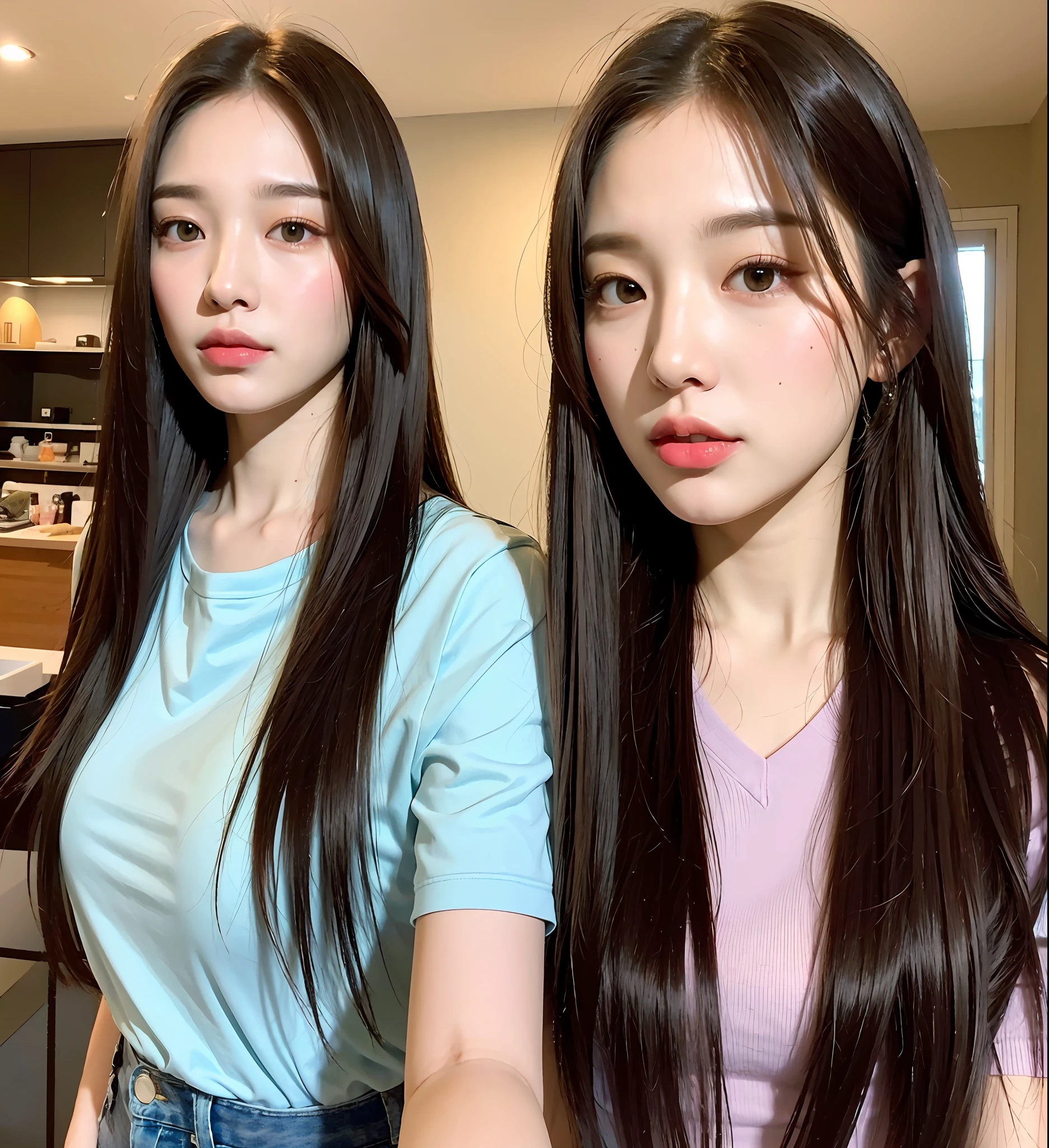 ((Best quality, 8k, Masterpiece :1.3)), 1girl, Pretty woman with emphasizing slender abs :1.3, (long straight hairstyles), Casual outfit :1.2, Indoor, Ultra-detailed face, Detailed eyes, Double eyelid