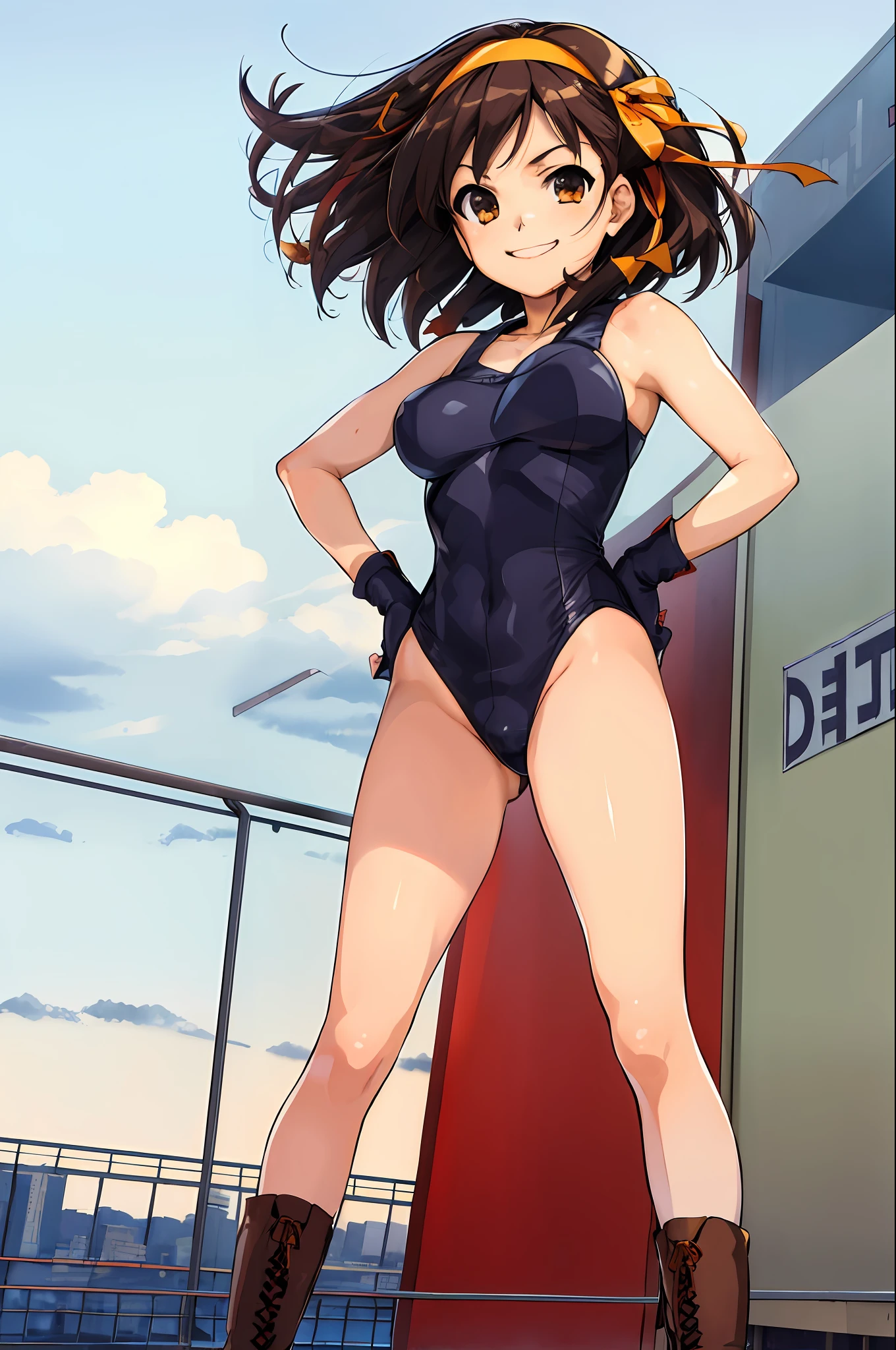 masterpiece, best quality, highres, 1girl, suzumiya haruhi, solo, superhero, leotard, bare legs, brown hair, short hair, brown eyes, hairband, medium hair, ribbon, boots, matching boots, medium breasts, cowboy shot, standing, smile, city backdrop, hands on hip,