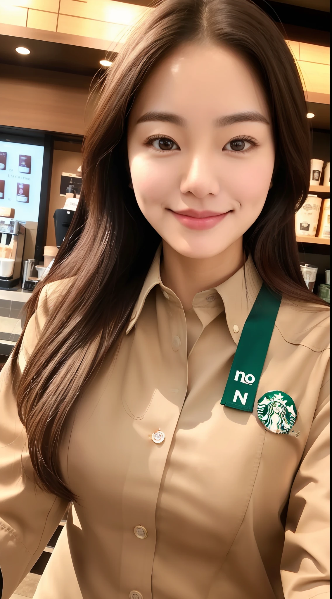 Lifelike photos of (No. 1 cute Korean actress) Long hair, smooth face, light makeup, medium breasts. Wearing a Starbucks uniform. Coffee, Little Smile, Canon EOS 35mm Lens 8K high-resolution face, crisp and realistic details Close up