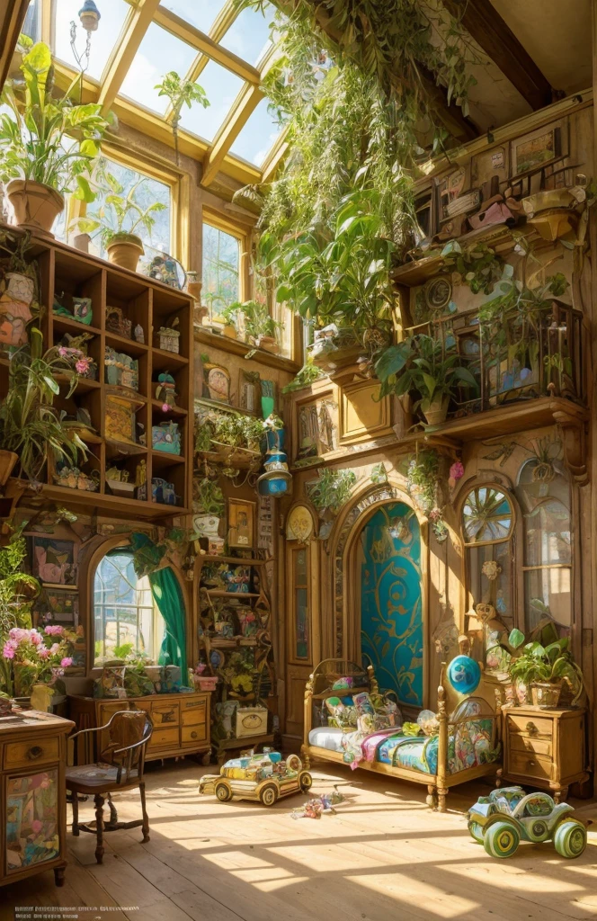 Architectural Digest photo of a {vaporwave/steampunk/solarpunk} ((Child room)) green, with a lot kid toys, with dolls, with a big bed, with flowers and plants, golden light, hyperrealistic surrealism, award-winning masterpiece with incredible detail, breathtakingly epic