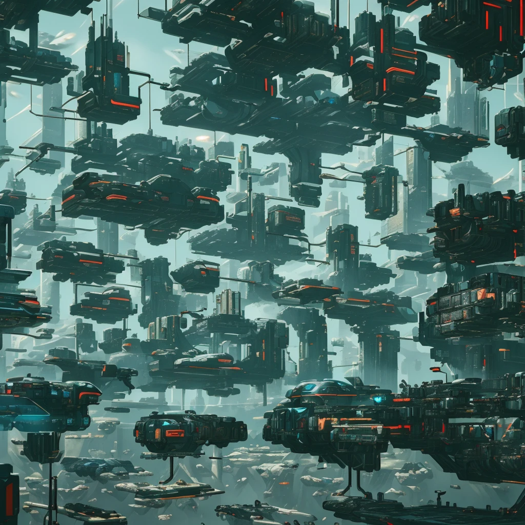 Futuristic Cityscape, ((Cyborg)), (Irregular Architecture), Mechanics, (Cyberpunk), (Levitation Train), Drones, Realistic Lighting, (Abyss) Masterpiece, High Quality, Beautiful Graphics, high detail,