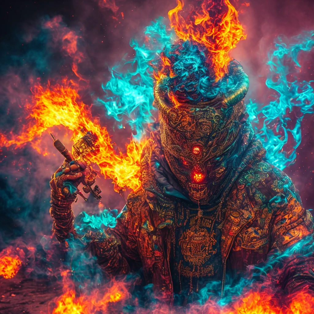 rap album with borders and writing, hip-hop music, ice demon with intricate details, fiery background, smoke effects, microphone, graffiti art, urban setting, cool color palette, dynamic composition