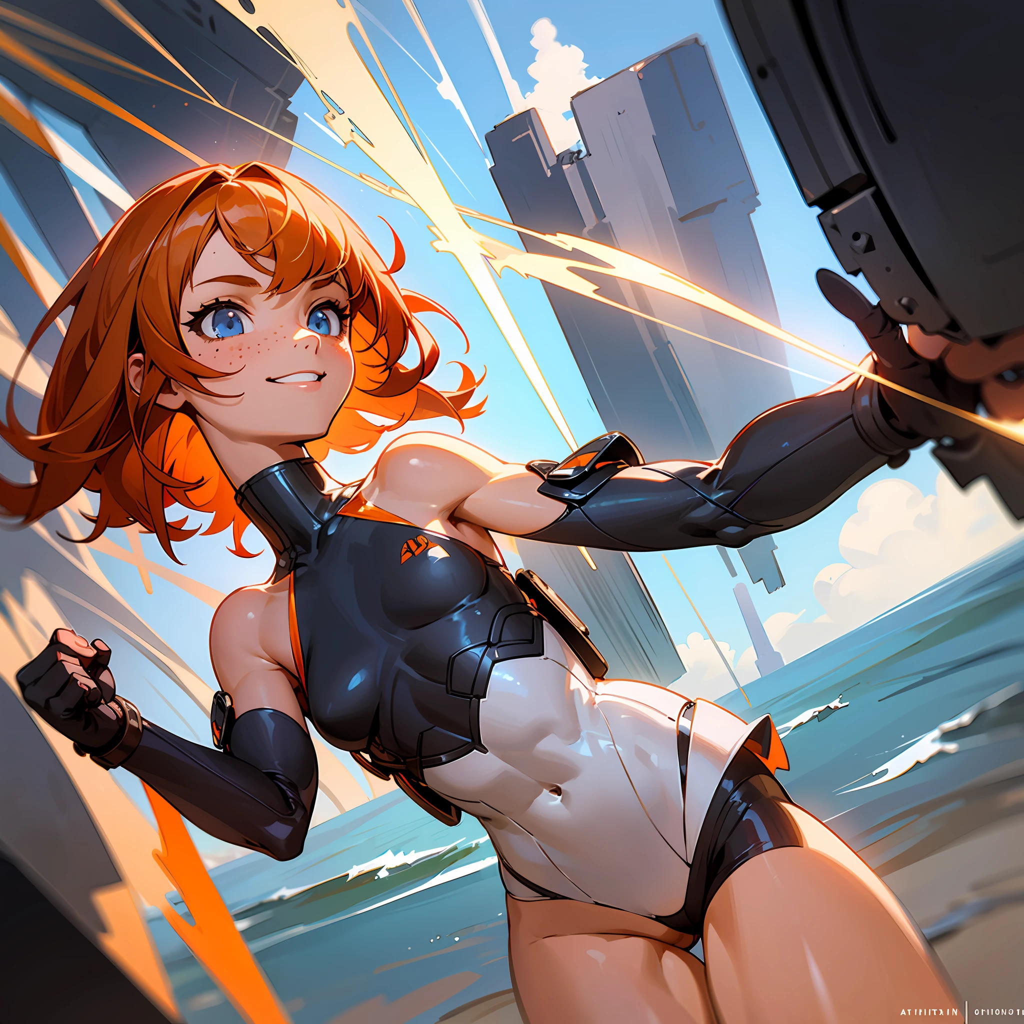 solo, 1girl, dynamic lighting, caustic, deep shadows, masterpiece, (extremely awesome detailed, best quality, highres, 8K HDR, perfect anatomy:1.1), thick outline, black outline, extremely awesome detailed CG, extremely awesome detailed realistic, (extremely awesome detailed 3d:1.1), ((orange hair)), smug, grin, freckles, (()), detailed face, detailed eyes, detailed pupils, science fiction, dystopia, blue eyes, whit highleg leotard, see through clothing, small breasts, abs, fit body, athletic body, toned body, thick thights, skinny, beach, ocean, sand, nature,