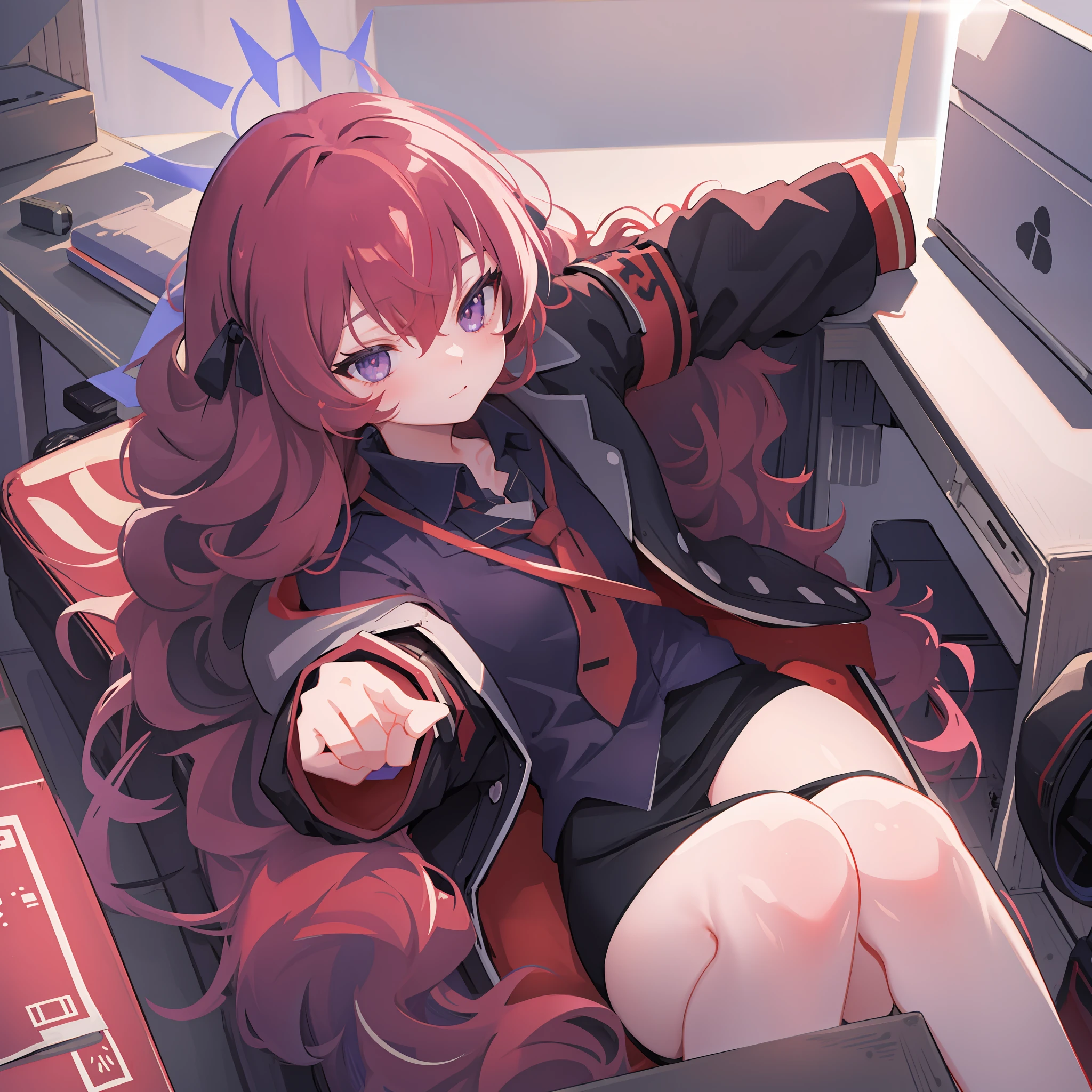 Masterpiece, best quality, strong outlines, closeup to a girl sitting in a chair desk, portrait, 1girl, loli, (solo), solo focus, face focus, red super long hair, red color hair, wavy hair, beautiful detailed eyes, grey eyes, purple halo, beautiful, military black uniform, office, backlight, close view, low perspective, (8k) perfect anatomy, no extra limbs