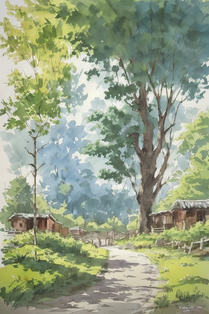 Watercolor painting, small path of Chinese rural houses, trees, bright sun, shade,