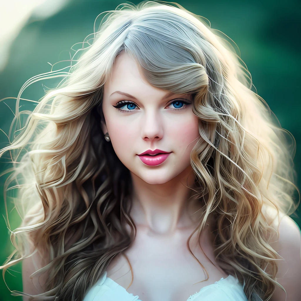 Taylor Swift, front face, chubby, long curly hair, centered composition, one-third of the head, light neon gradient background, original analog style, charming eyes, charming expression. The background should be neutral and simple, paying close attention to details such as the highlights and shadows on his face and hair to create a realistic and realistic image. Experiment with different lighting techniques to enhance the mood and mood of your portraits. Highly detailed skin, skin detail, sharp focus, volumetric fog, 8k uhd, dslr, high quality, film grain, fujifilm xt3, (best quality: 1.4), (masterpiece: 1.4), (detail: 1.3)