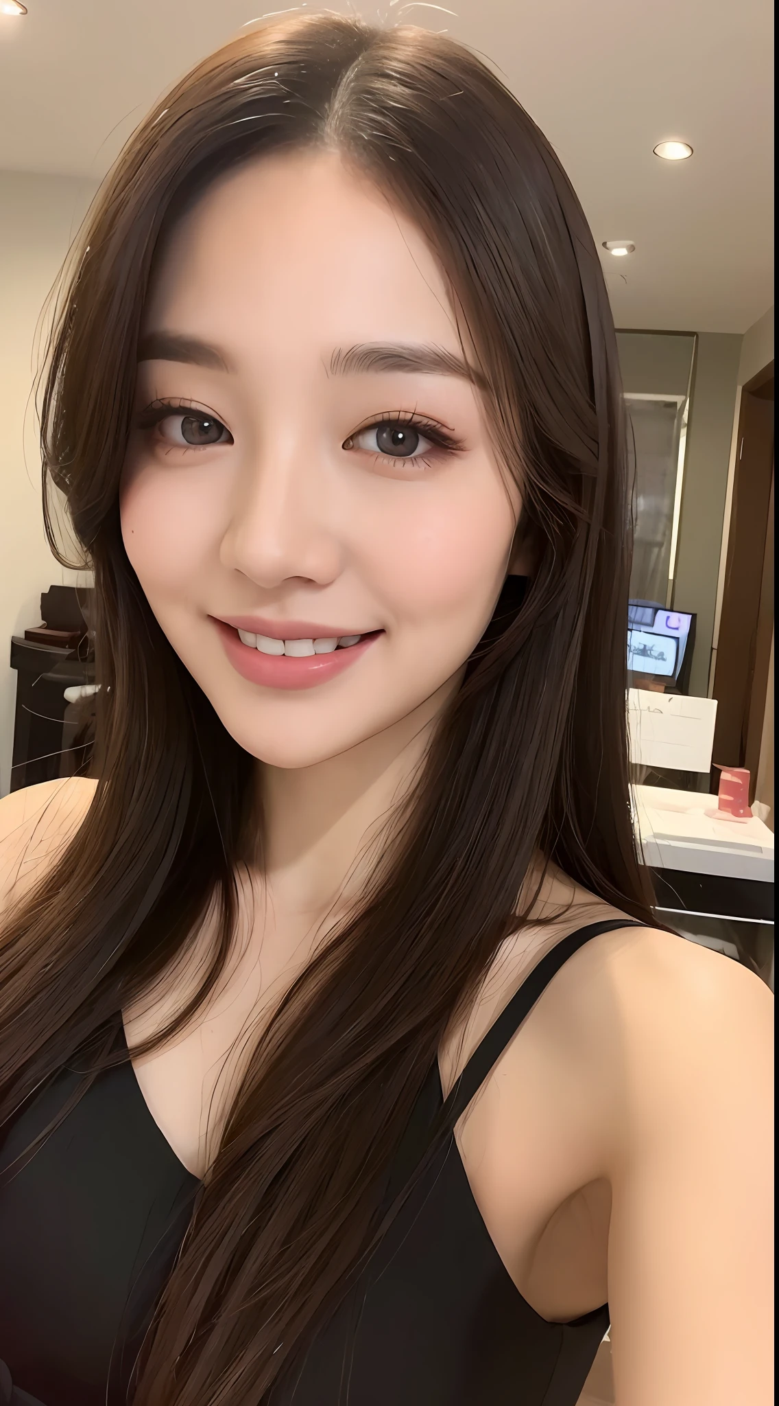 ((Best quality, 8k, Masterpiece :1.3)), 1girl, taking selfie, closeup, smiling, slim face, Pretty woman, (Dark brown hair), full length dress :1.1, Ultra-detailed face, Detailed eyes, Double eyelid, blur background