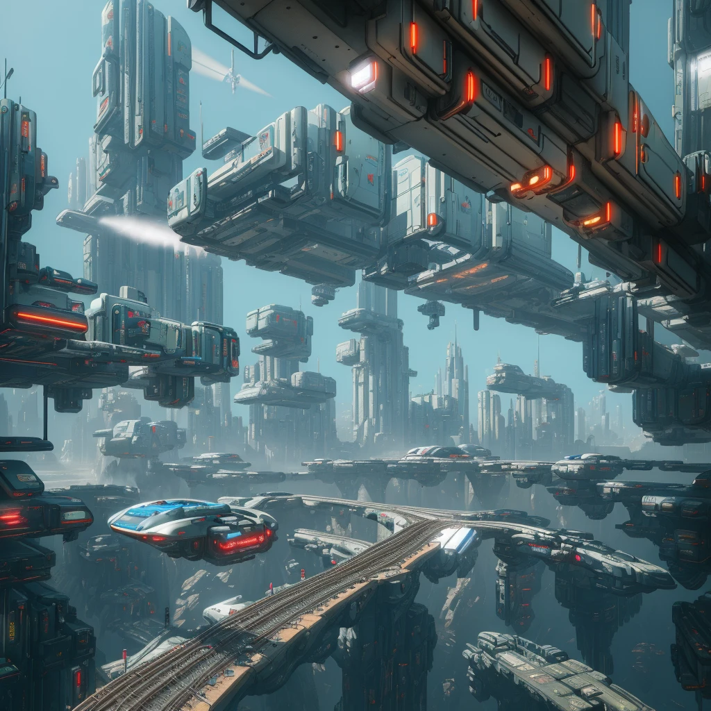 Futuristic Cityscape, ((Cyborg)), (Irregular Architecture), Mechanics, (Cyberpunk), (Levitation Train), Drones, Realistic Lighting, (Abyss) Masterpiece, High Quality, Beautiful Graphics, high detail,