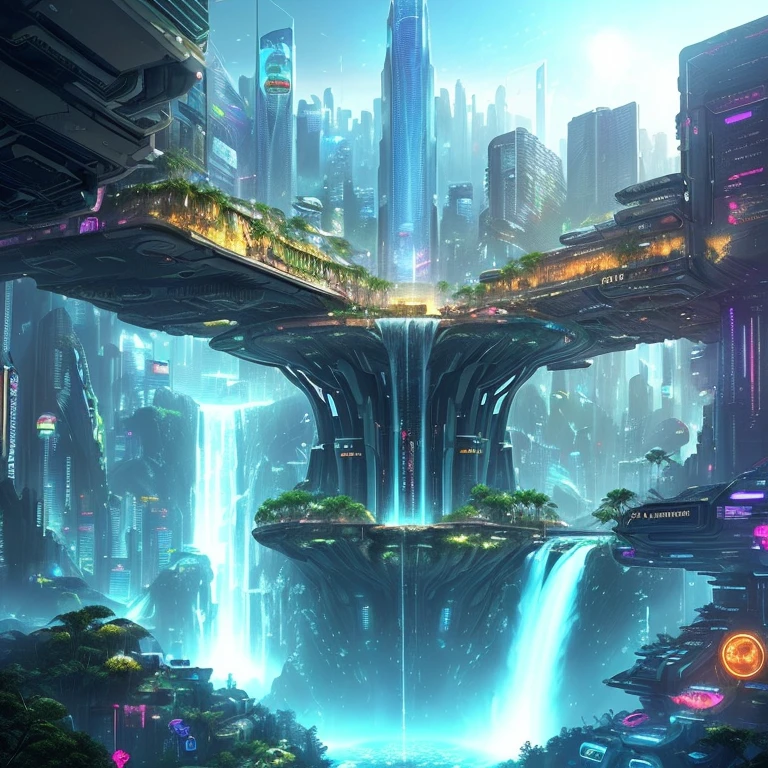 there is a picture of a city with a waterfall in the middle, deeper into the metaverse we go, as a cyberpunk dystopia, humanity like cosmic structure, in a cyberpunk setting, with full descriptions, in a tropical and dystopic city, beings of astonishing structure, destroyed human structures, /r/earthporn, # dystopian art, dmt entities