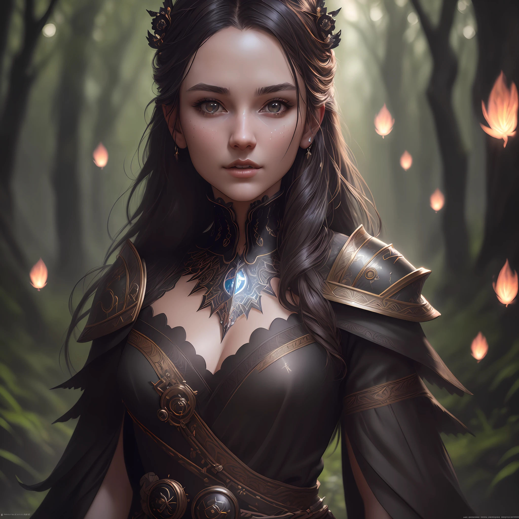 modelshoot style, (extremely detailed CG unity 8k wallpaper), portrait of the most beautiful artwork in the world featuring a gothic wizzard woman infront of a gorgeous glowing forest full of fireflies flying around, clear facial features, cinematic action scene, 35mm lens, f/1.8, accent lighting, global illuminatio, trending on ArtStation, trending on CGSociety, Intricate, High Detail, Sharp focus, dramatic, photorealistic painting art by midjourney and greg rutkowski