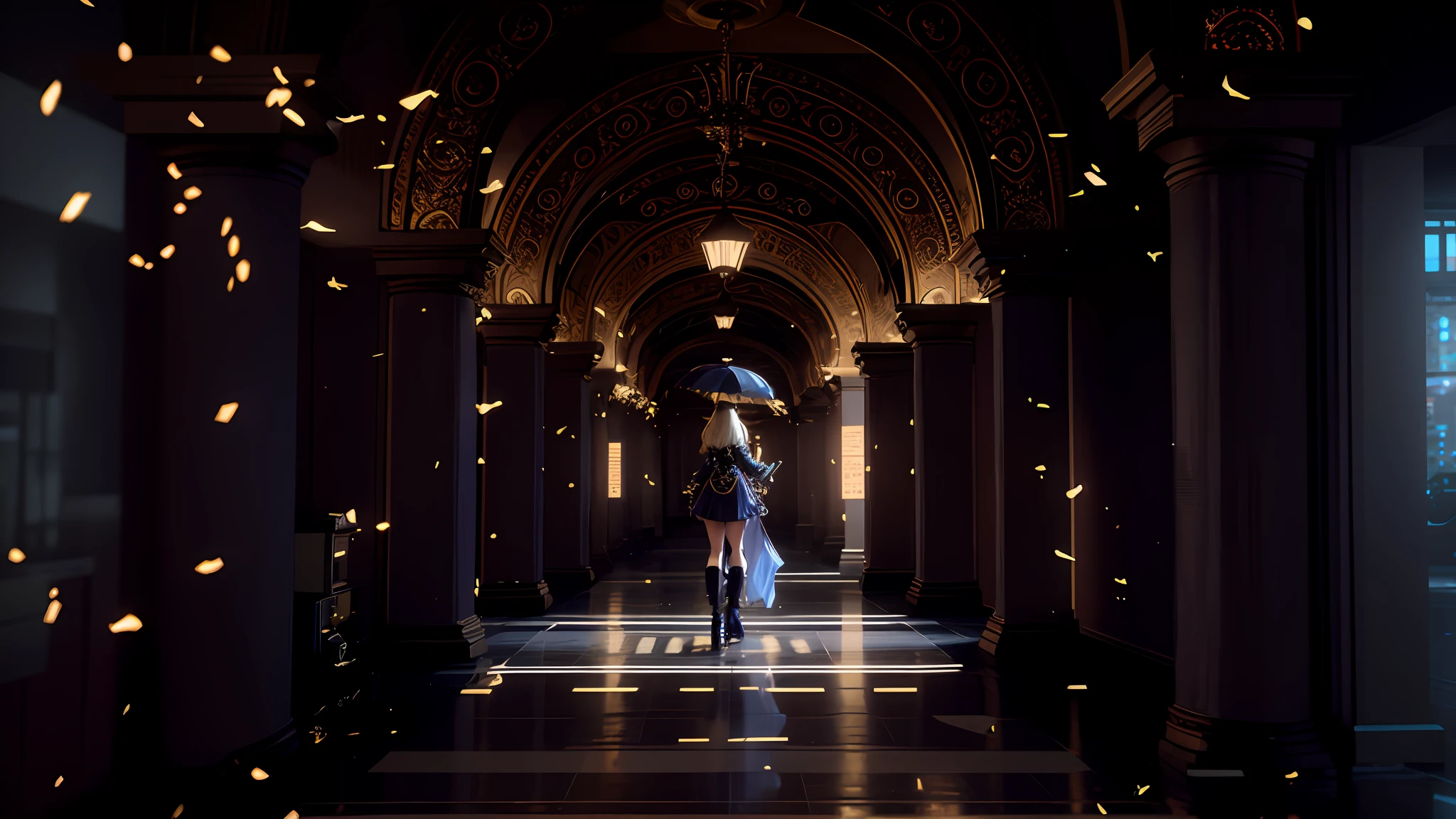 there is a woman standing in a hallway with a umbrella, unreal engine. retro film still, square enix cinematic art, cinematic shot ar 9:16 -n 6 -g, detailed cinematic render, still from a music video, cinematic render, cinematic goddess shot, fantasy style 8 k octane render, cinematic contrasted lighting, unreal engine. film still, cooln pose