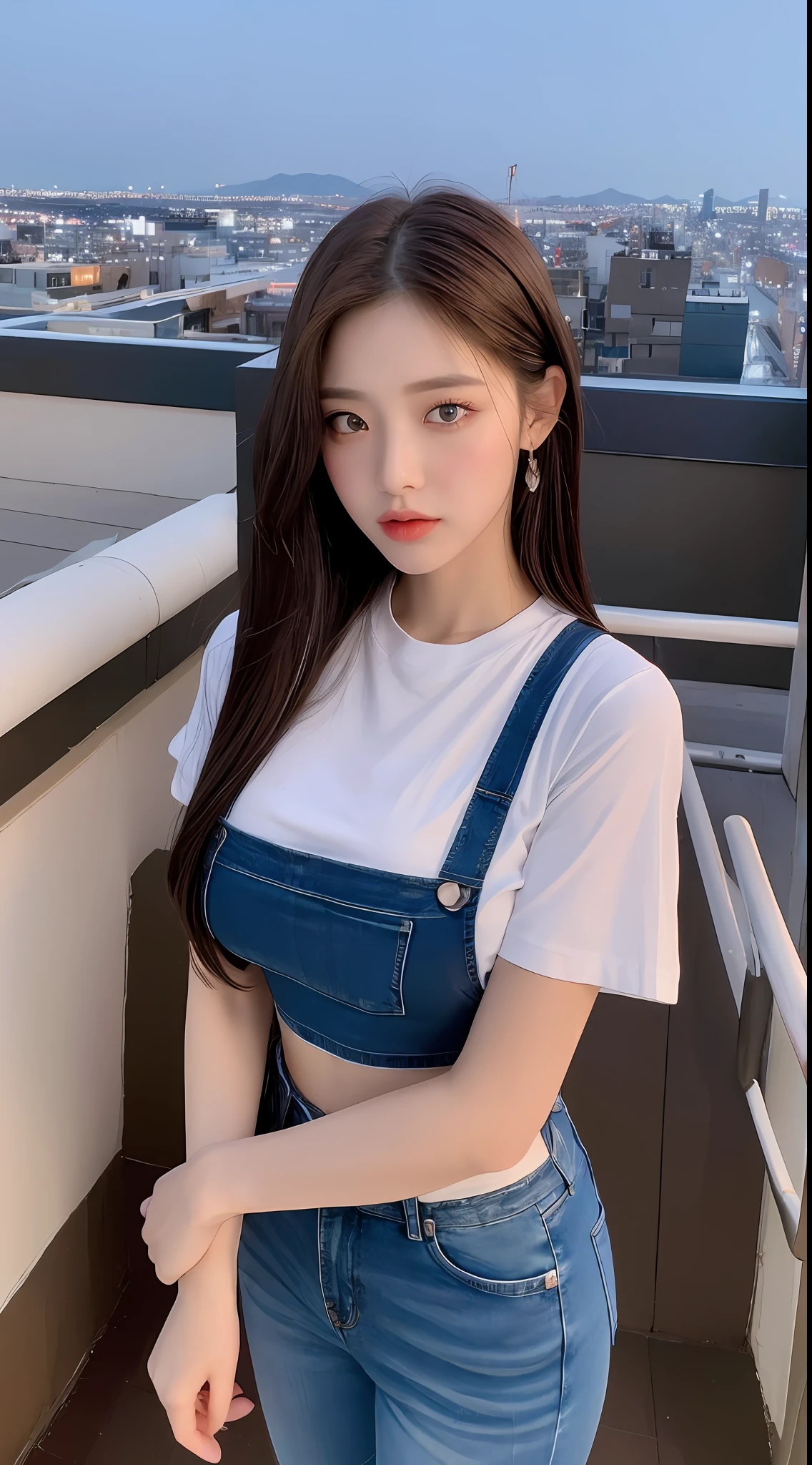 ((Midnight, Best quality, 8k, Masterpiece :1.3)), Whole body, Long legs, Sharp focus :1.2, A pretty woman with perfect figure :1.4, Slender abs :1.1, ((Dark brown hair, Big breasts :1.2)), (White tight tshirt, Jean bib, Standing:1.2), ((Night city view, Rooftop:1.3)), Highly detailed face and skin texture, Detailed eyes, Double eyelid