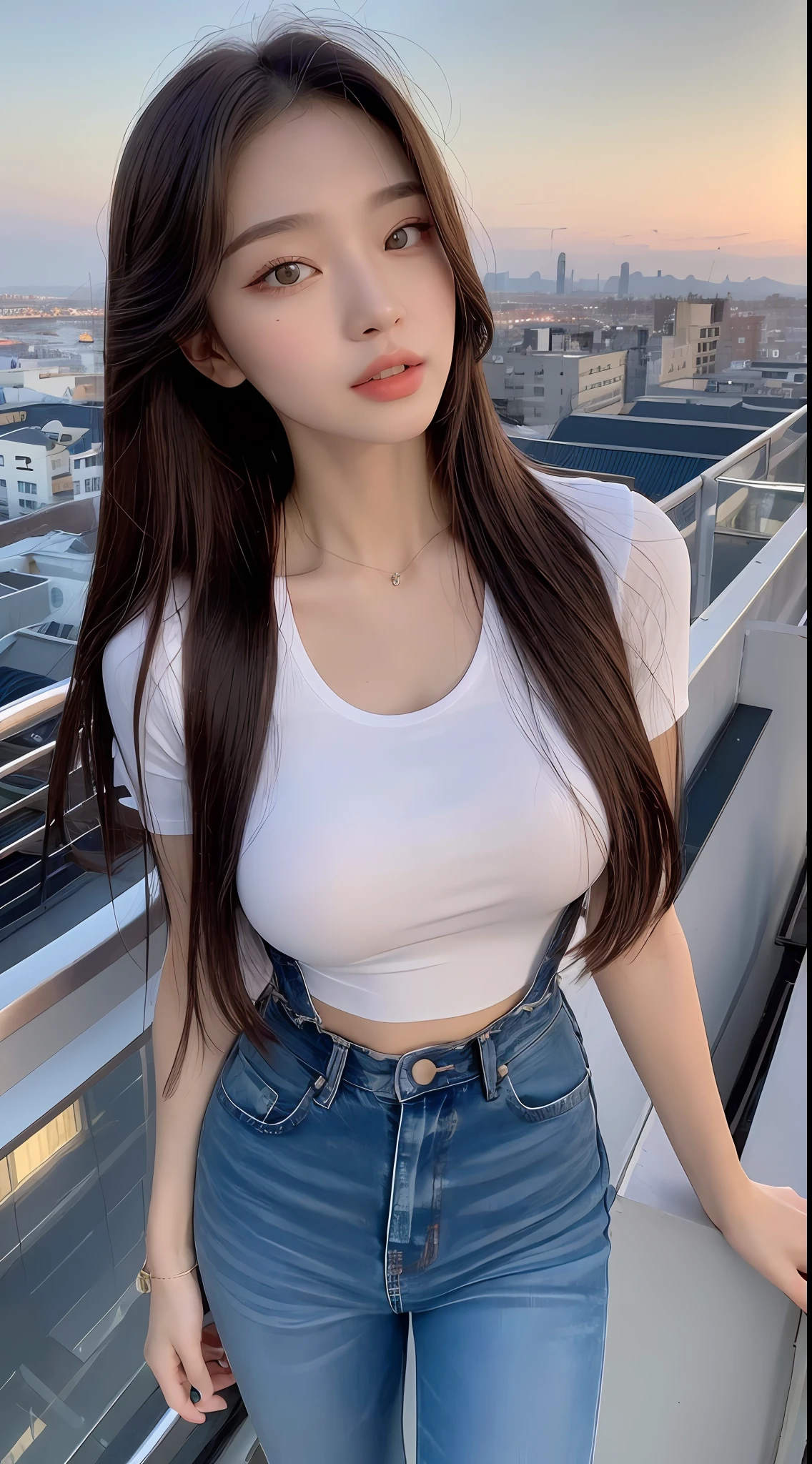 ((Midnight, Best quality, 8k, Masterpiece :1.3)), Whole body, Long legs, Sharp focus :1.2, A pretty woman with perfect figure :1.4, Slender abs :1.1, ((Dark brown hair, Big breasts :1.2)), (White tight tshirt, Jean bib, Standing:1.2), ((Night city view, Rooftop:1.3)), Highly detailed face and skin texture, Detailed eyes, Double eyelid