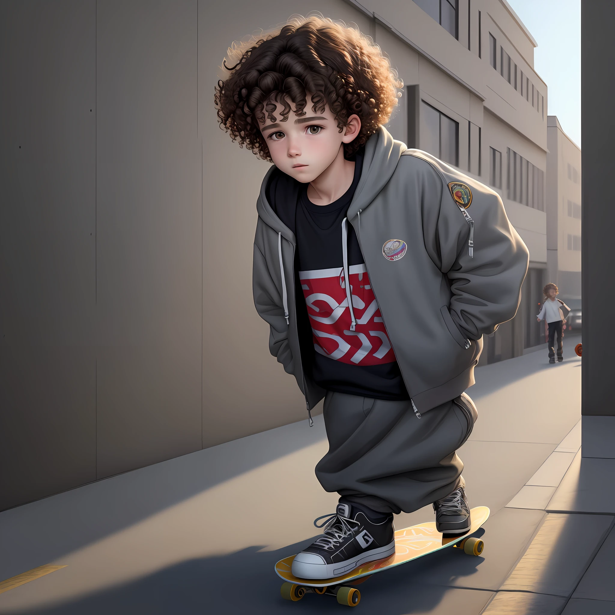 (8k, RAW photo, photorealistic: 1.25), -yeld bocurly hair over his eyes, baggy clothes, skateboarding