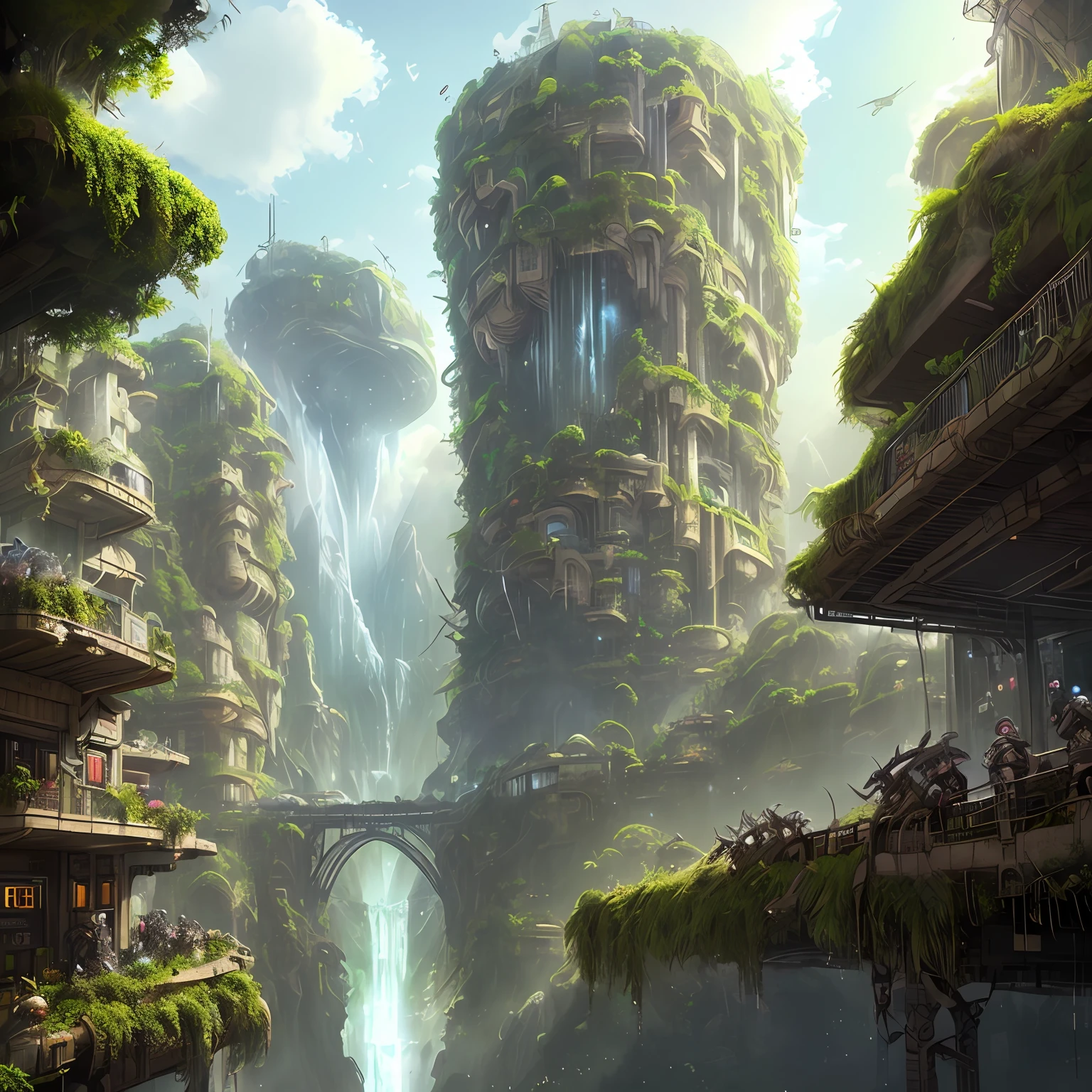 In the depths of the metaverse, we encounter an image of a city with a waterfall in the middle. As we delve deeper into this cyberpunk dystopian setting, we witness humanity amidst a cosmic structure. The tropical and dystopian city is inhabited by beings of astonishing structure, contrasting with the destroyed human structures. The scene resembles a painting taken from /r/earthporn or a dystopian art piece with the hashtag #dystopianart. It's as if we're on a journey through the mind, with entities that seem to have emerged from a DMT experience.

Additionally, we have a stunning view of a Lizardmen city in the world of Warhammer Fantasy Battles. Surrounded by a dense jungle canopy, this image showcases intricate architecture, bustling markets, and bridges adorned with lush vines. The artwork, created by Adrian Smith, Kevin Chin, and Paolo Parente, transports us to this grand and sprawling setting. It's as if we're witnessing an ancient and majestic civilization inhabited by mystical creatures.