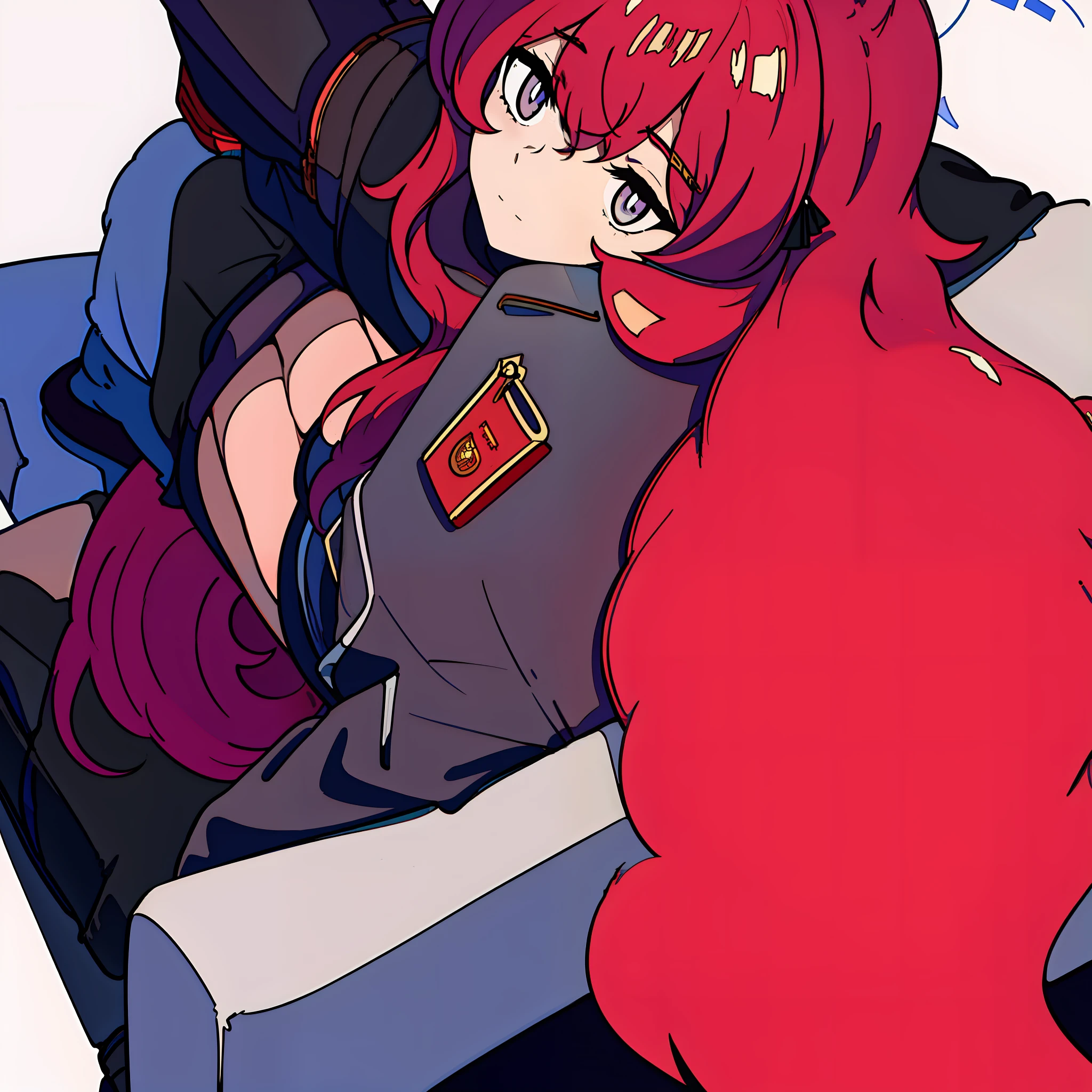 Masterpiece, best quality, strong outlines, portrait a girl sitting in a chair desk, Iroha, portrait, 1girl, li, (solo), solo focus, face focus, red super long hair, red color hair, wavy hair, beautiful detailed eyes, grey eyes, purple halo, beautiful, military black uniform, office, backlight, close view, low perspective, (8k) perfect anatomy, no extra limbs
