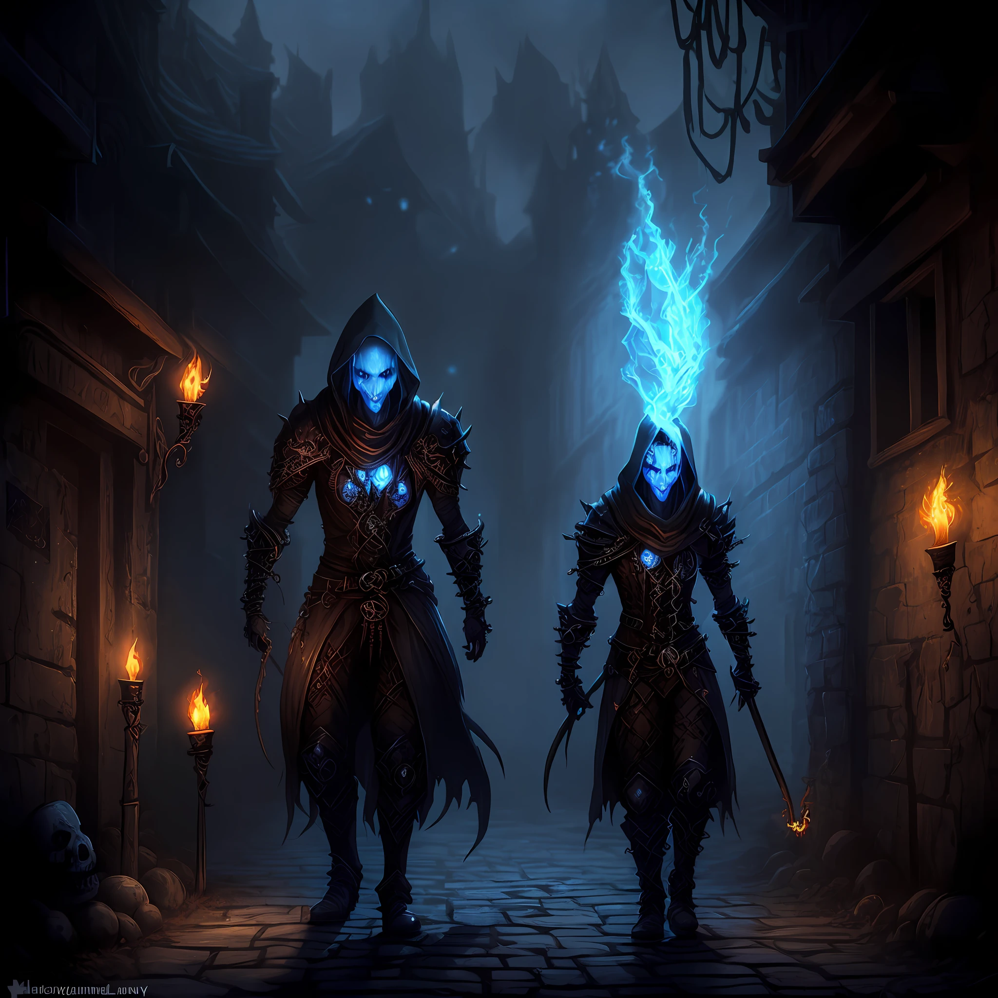 sexy necromancer walking in dark alley at night, there is some torches flaming and lighting the scene, some crawlers lurking around, fantasy, dark fantasy, high details, very detailed, blue hollow on background