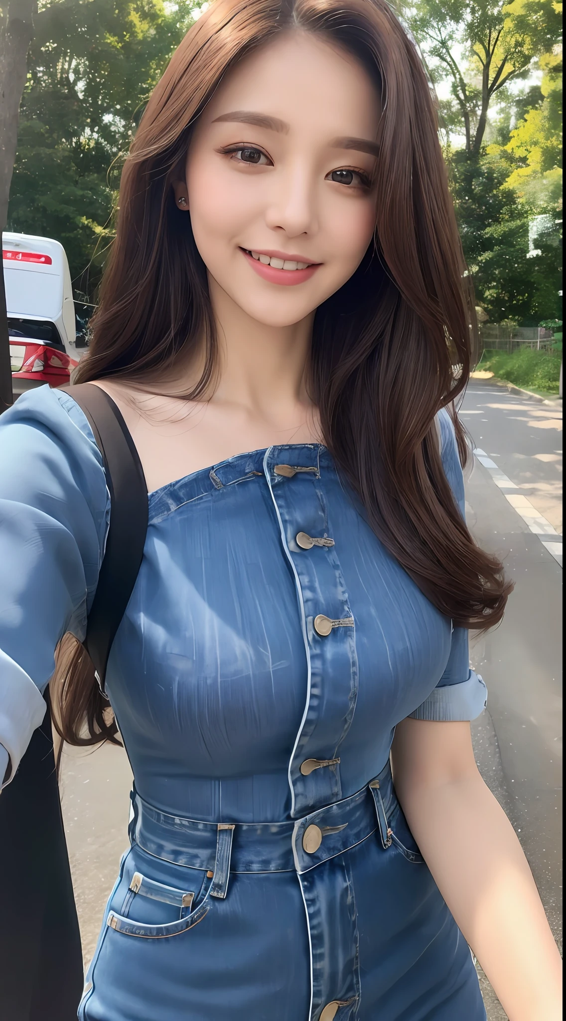 ((Best quality, 8k, Masterpiece :1.3)), 1girl, taking selfie, closeup, smiling, slim face, Pretty woman, (Dark brown hair), full length dress :1.1, Ultra-detailed face, Detailed eyes, Double eyelid, blur background, slim face, outside, road, trees, top and jeans