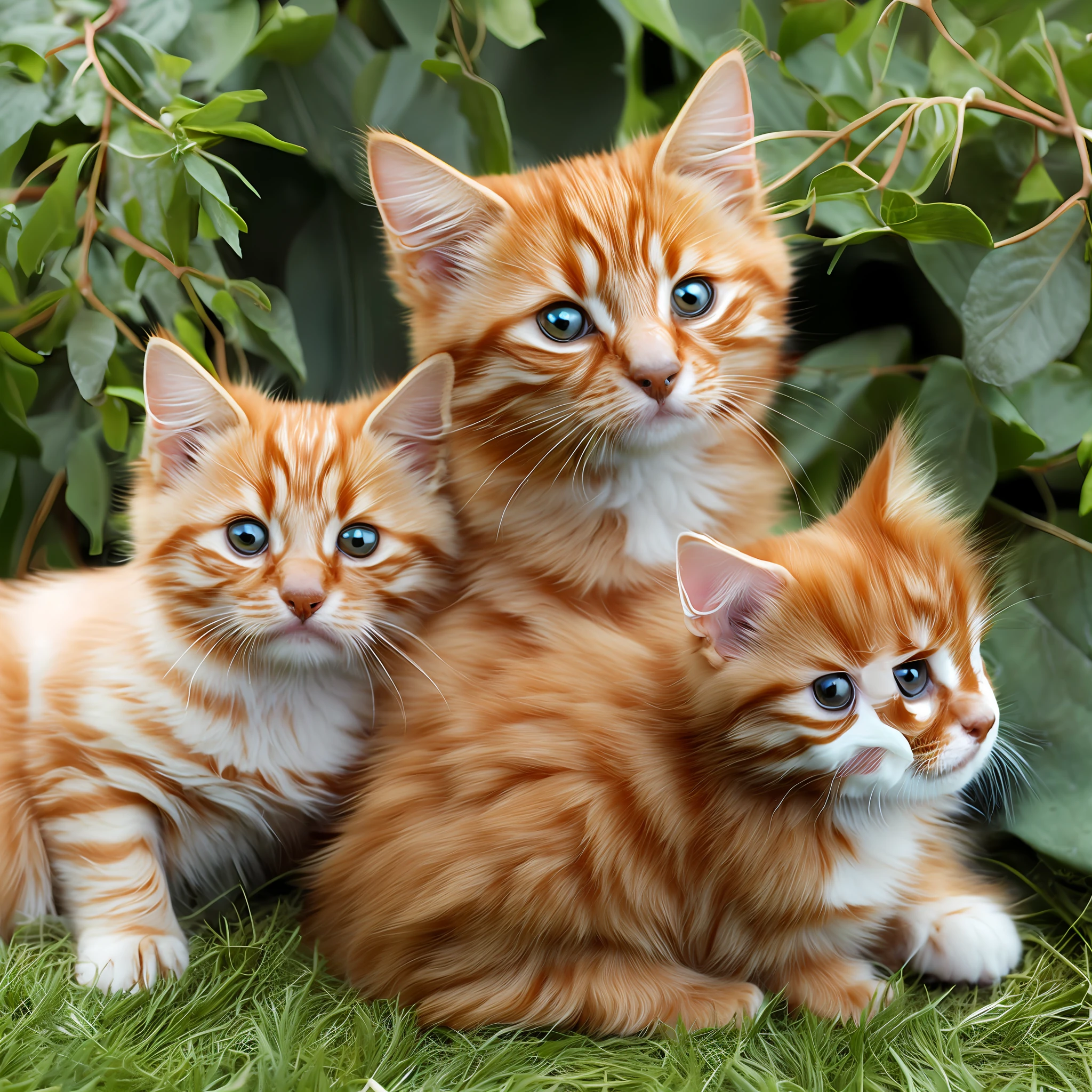 photo GingerTomCat create the image of three playful and adorable kittens, the first will be Tedy a Siamese puppy of smooth hair, the second will be Theo another very hairy Siamese puppy and the third will be Amy an all-white kitten with no defined breed