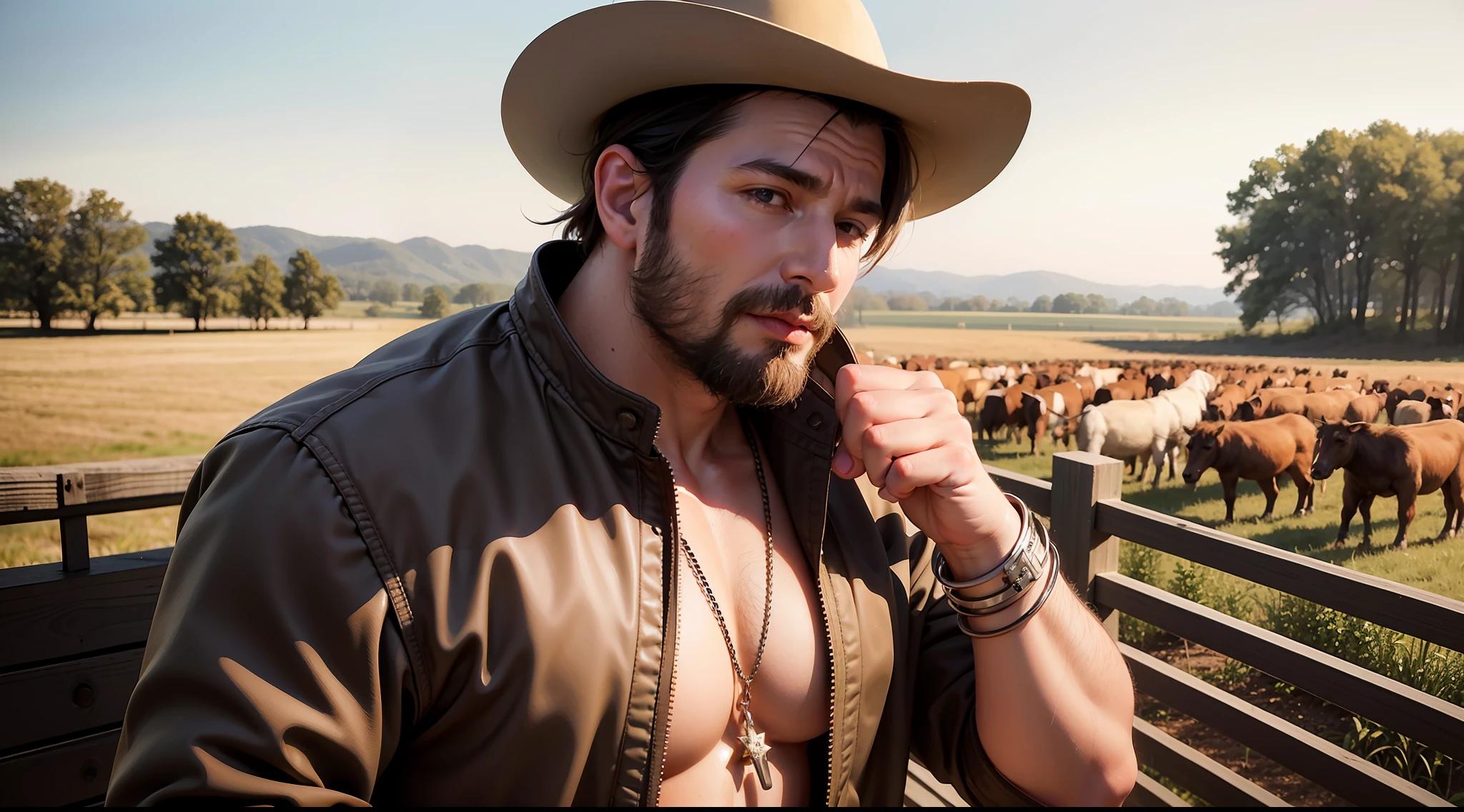 Realistic, detailed, Young pumped up man, cowboy, on farm, naked torso, chaps, 4 abs, lustful look, farm and animals in the background, detailed face, detailed hands, detailed eyes, detailed skin, dynamic lighting