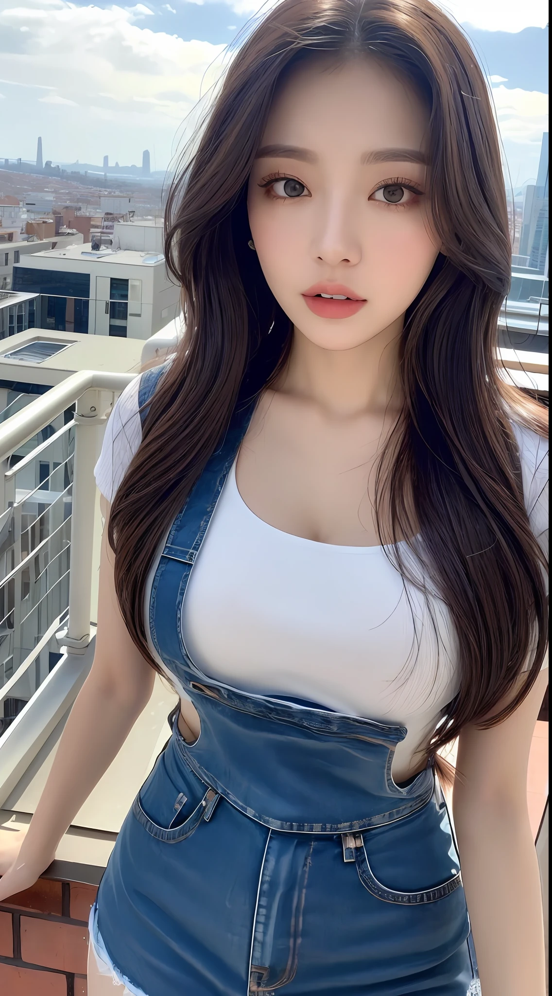 ((Midnight, Best quality, 8k, Masterpiece :1.3)), Whole body, Long legs, Sharp focus :1.2, A pretty woman with perfect figure :1.4, Slender abs :1.1, ((Dark brown hair, Big breasts :1.2)), (White tight tshirt, Jean bib, Standing:1.2), ((Night city view, Rooftop:1.3)), Highly detailed face and skin texture, Detailed eyes, Double eyelid