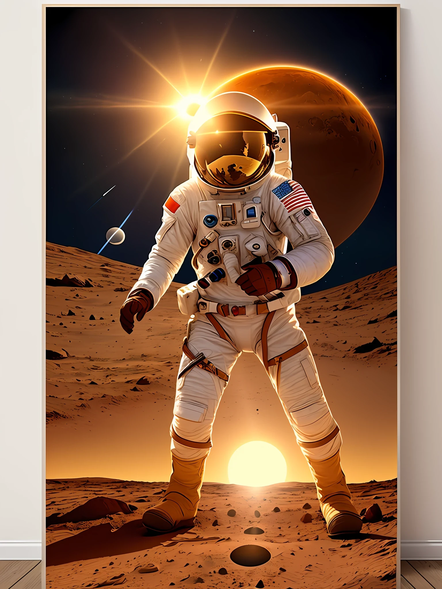 poster, astronaut on Mars with the sun on the right side and the Earth platena on the left