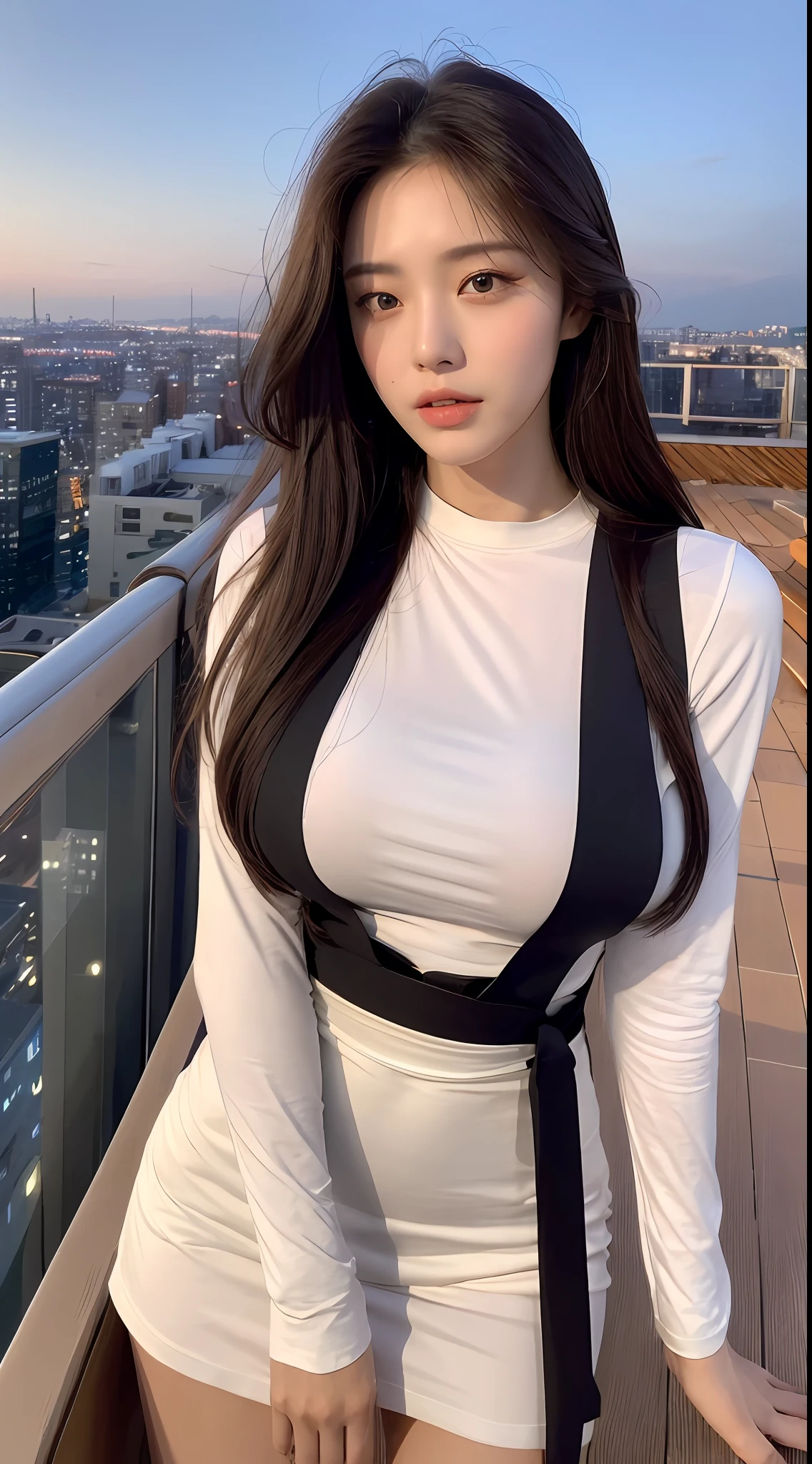 ((Midnight, Best quality, 8k, Masterpiece :1.3)), Whole body, Long legs, Sharp focus :1.2, A pretty woman with perfect figure :1.4, Slender abs :1.1, ((Dark brown hair, Big breasts :1.2)), (White tight tshirt, Jean bib, Standing:1.2), ((Night city view, Rooftop:1.3)), Highly detailed face and skin texture, Detailed eyes, Double eyelid
