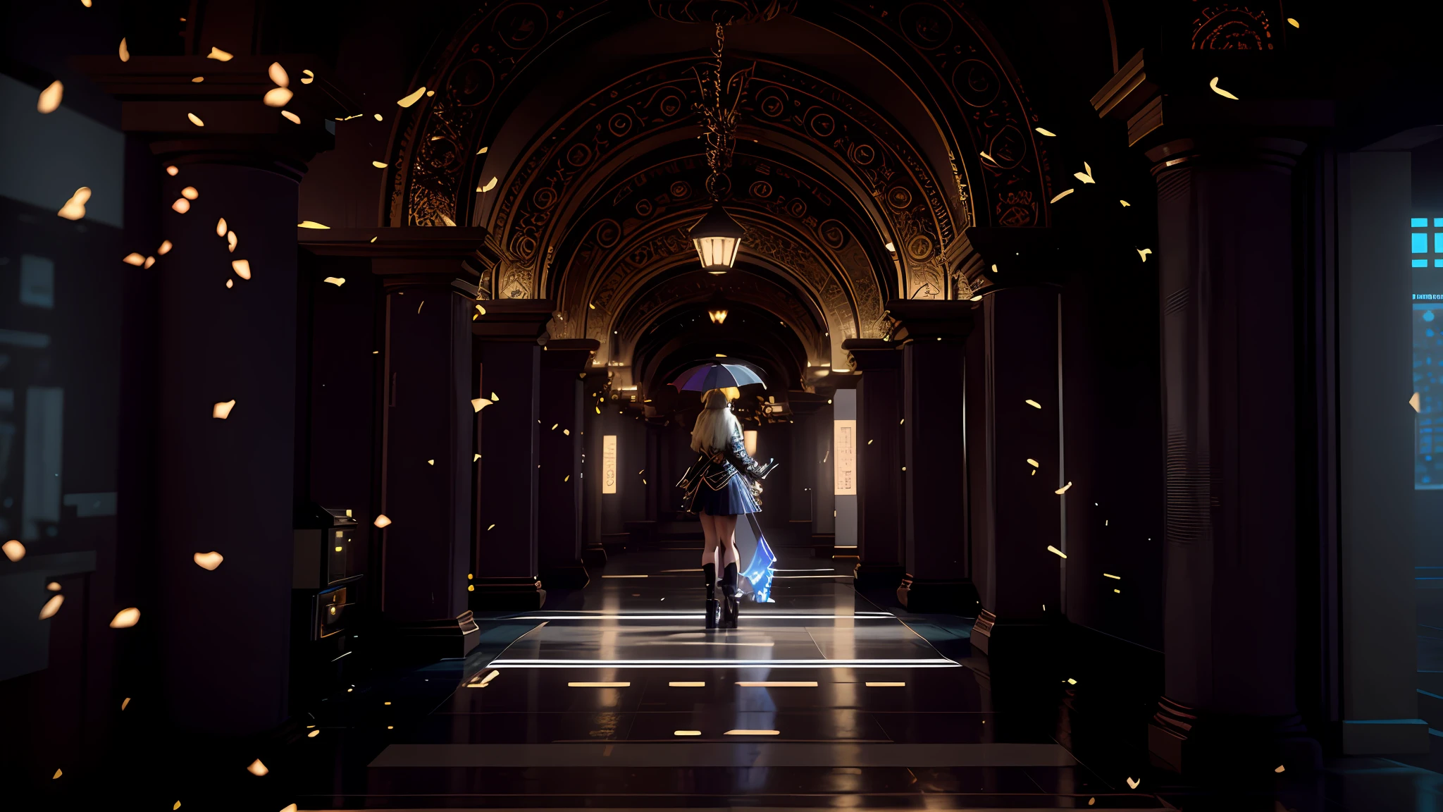 there is a woman standing in a hallway with a umbrella, unreal engine. retro film still, square enix cinematic art, cinematic shot ar 9:16 -n 6 -g, detailed cinematic render, still from a music video, cinematic render, cinematic goddess shot, fantasy style 8 k octane render, cinematic contrasted lighting, unreal engine. film still, cooln pose