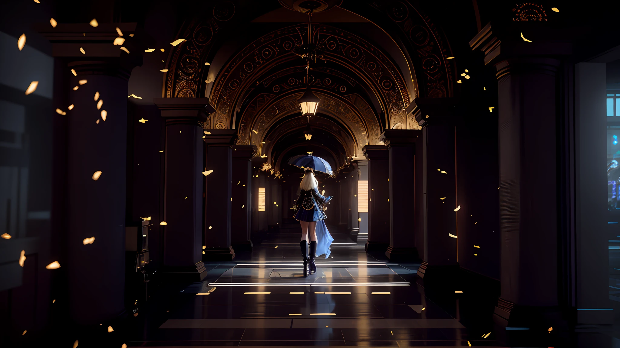there is a woman standing in a hallway with a umbrella, unreal engine. retro film still, square enix cinematic art, cinematic shot ar 9:16 -n 6 -g, detailed cinematic render, still from a music video, cinematic render, cinematic goddess shot, fantasy style 8 k octane render, cinematic contrasted lighting, unreal engine. film still, cooln pose