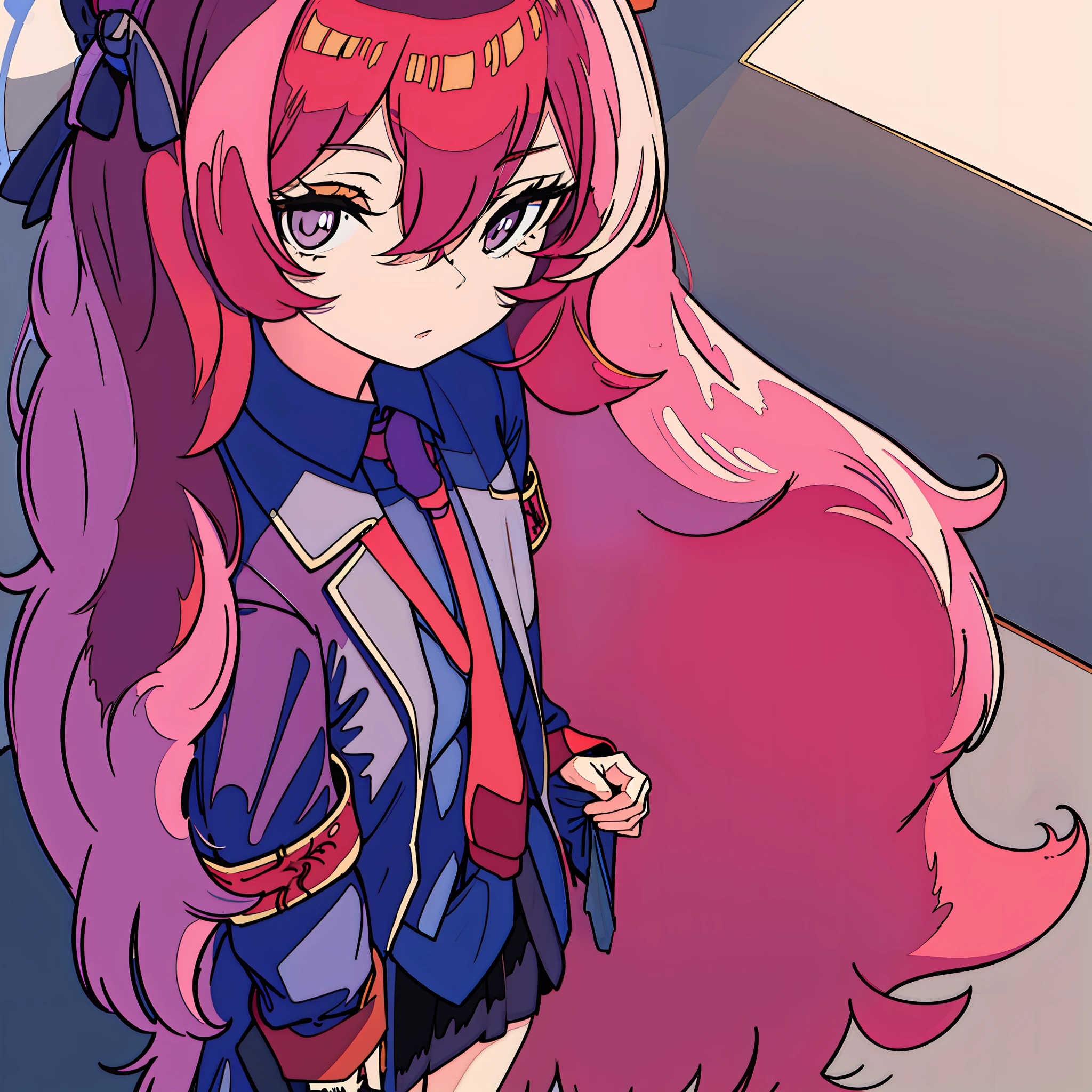 Masterpiece, best quality, strong outlines, sketch, close portrait of a girl, manga style, flat colors, Iroha, portrait, 1girl, loli, (solo), solo focus, face focus, red super long hair, red color hair, wavy hair, beautiful detailed eyes, grey eyes, purple halo, beautiful, military black uniform, office, backlight, close view, low perspective, (8k) perfect anatomy, no extra limbs