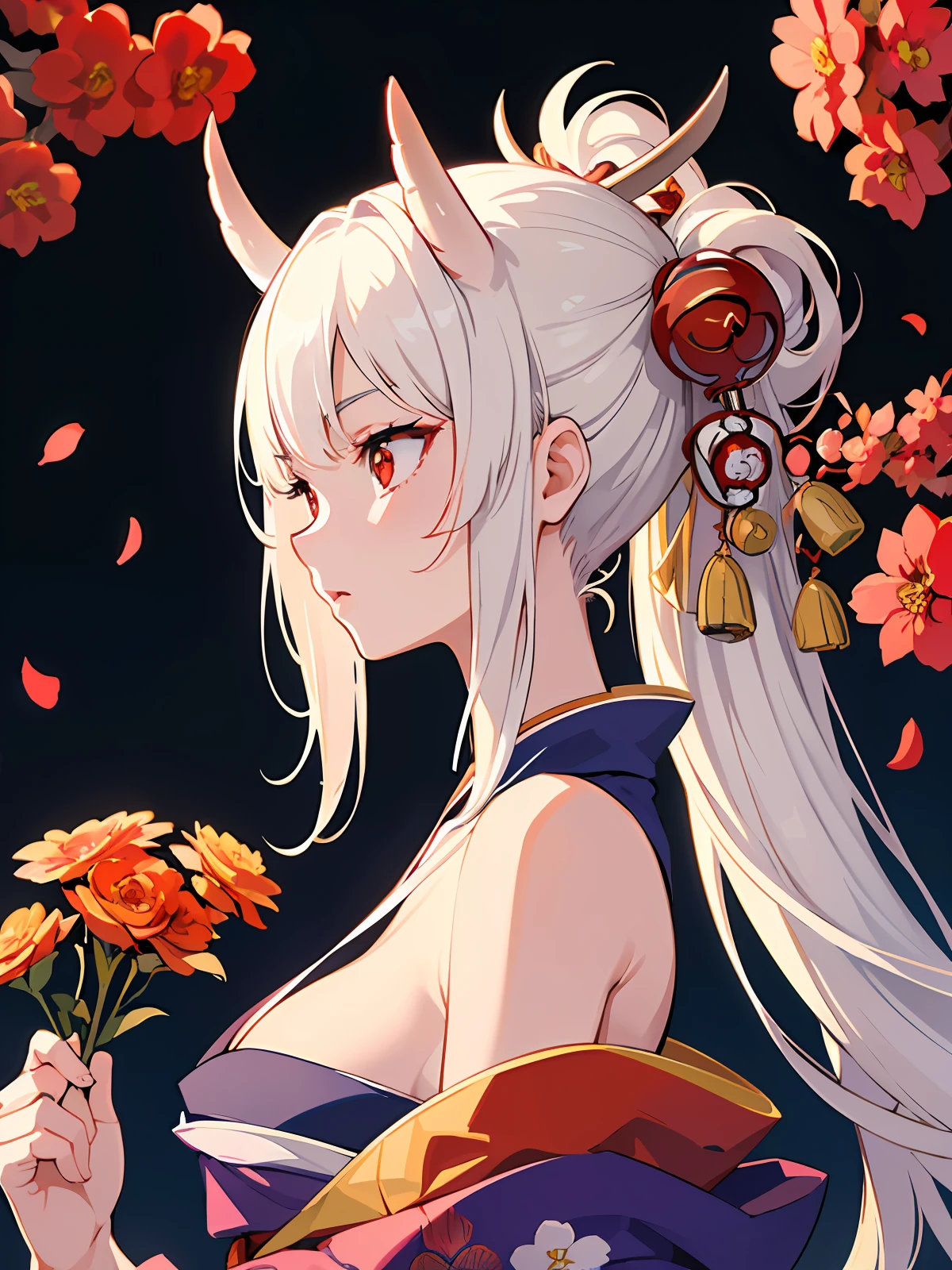 (masterpiece:1.2, best quality), (finely detailed beautiful eyes: 1.2), ((1girl)), ((solo)), (red eyes:1.4), (finely detailed eyes and detailed face:1.3), (beautiful and clear background:1.2), (extremely detailed CG, ultra-detailed, best shadow:1.1), ((depth of field)), ((watercolor)), (oni:1.5), (kimono:1.3), large breasts, bare shoulders, flowers and petals, beautiful concept illustration, (white background:0.5), (illustration:1.1), (extremely fine and beautiful:1.1), (perfect details:1.1), from side, cowboy shot,