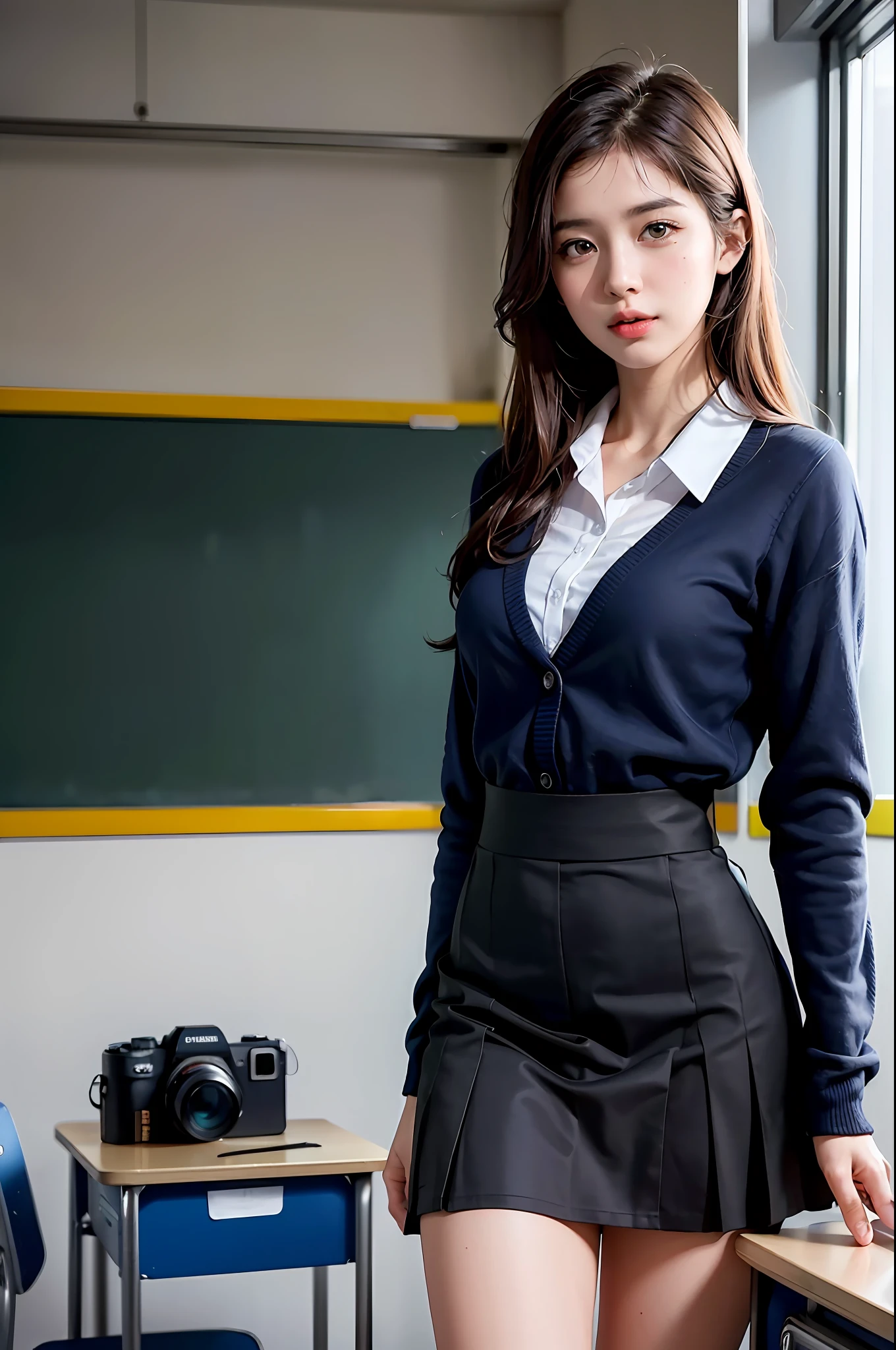 25 year old woman,, ((in the classroom)), ((school uniform)), RAW photo, (Photorealistic:1.37, realistic), highly detailed CG integrated 8K wallpapers, 1girl, ((Perfect Body:1.1)), (Medium breasts:1.2), Viewer View, (((straight from the front))), (HQ Skin:1.2, shiny skin), 8K UHD, DSLR, Soft Lighting, High Quality, Film Grain, Fujifilm XT3, ((Full Body:0.8)), (Professional Lighting:1.4) ,
