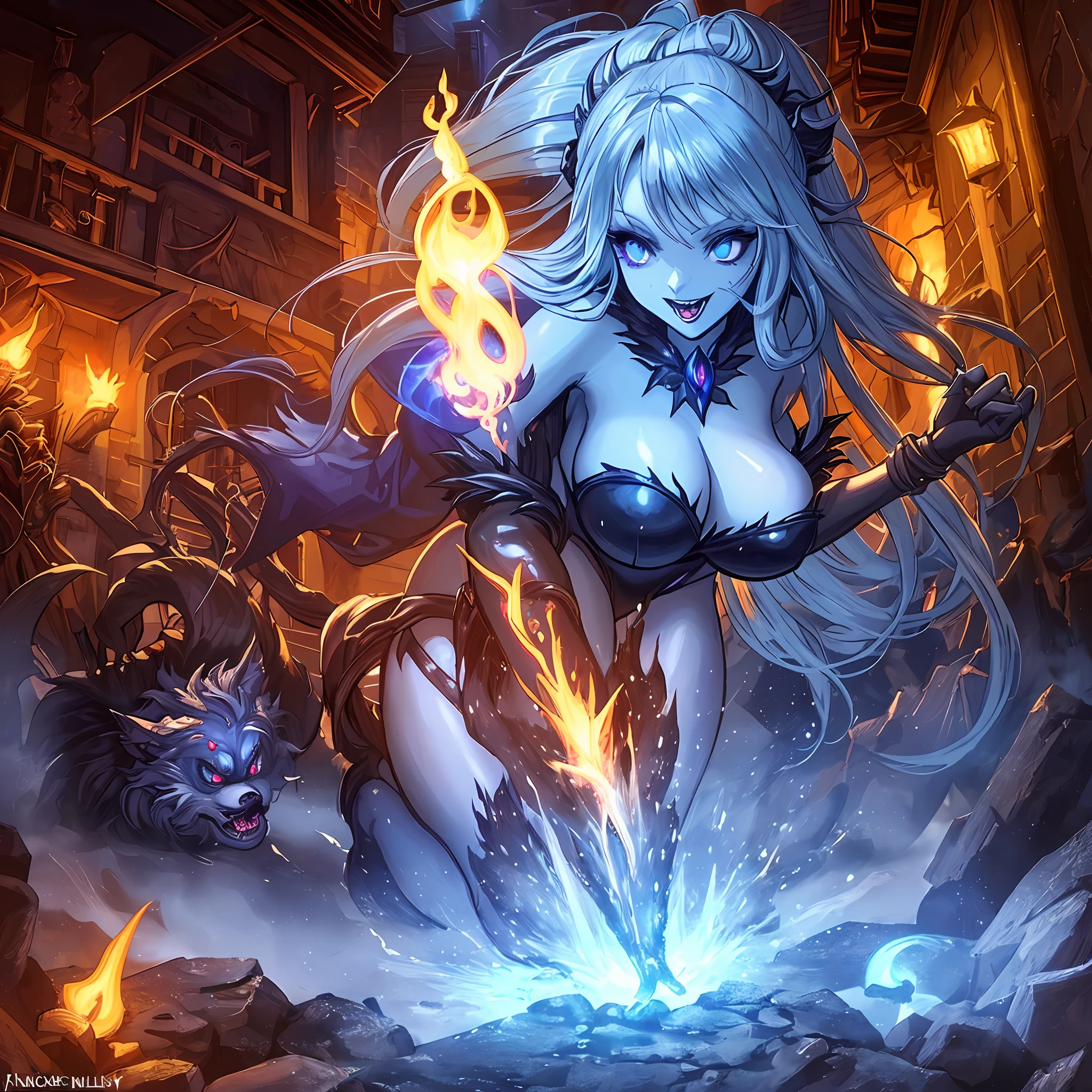 sexy sorceress fighting with the werewolf in a dark alley at night, there are some torches flaming and lighting the scene, some crawlers lurking around, fantasy, dark fantasy, high details, very detailed, blue hollow on the background