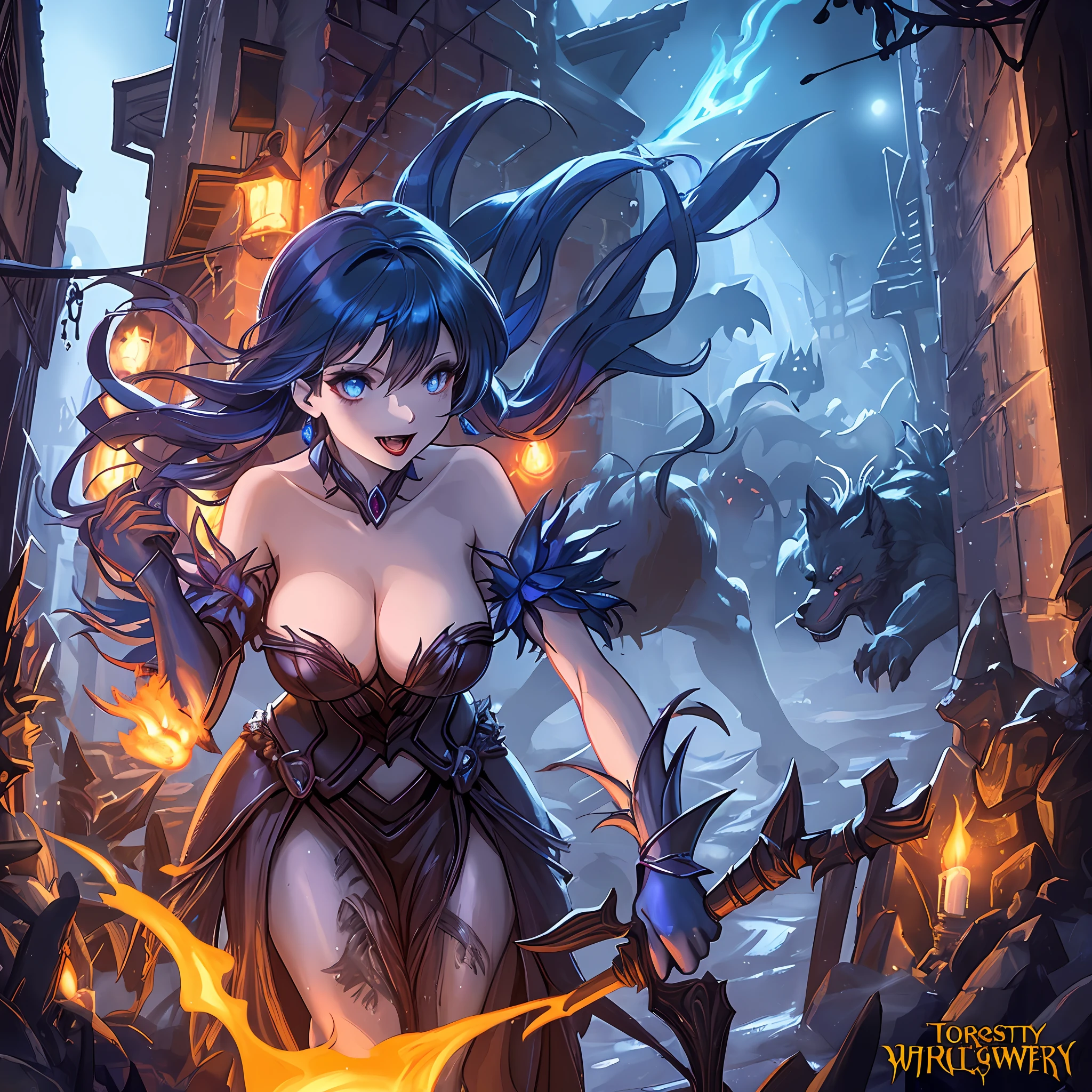 sexy sorceress fighting with the werewolf in a dark alley at night, there are some torches flaming and lighting the scene, some crawlers lurking around, fantasy, dark fantasy, high details, very detailed, blue hollow on the background